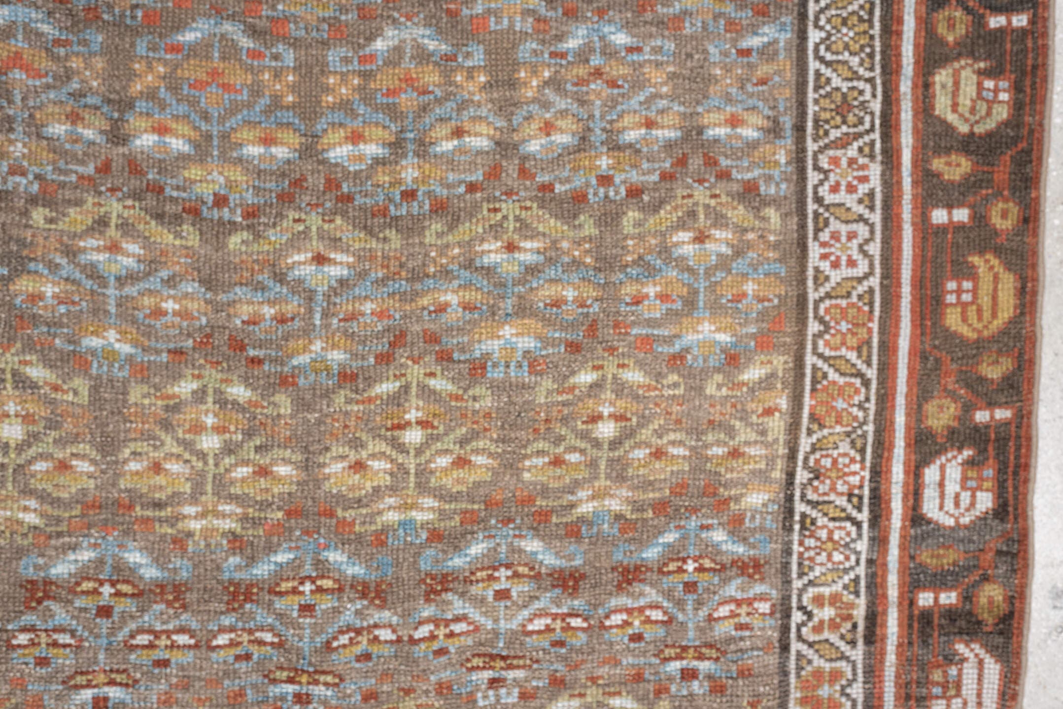 4' x 8' one-of-a-kind handmade antique NW Persian runner rug. Color palette: camel, rust, sky blue, ivory, brown, taupe