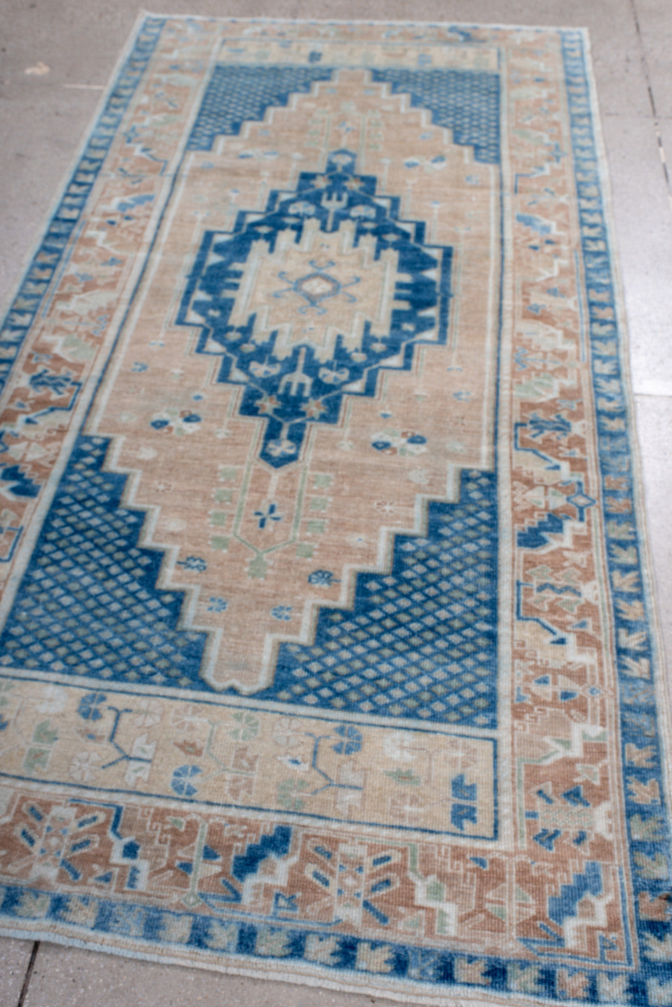 4' x 7' one-of-a-kind handmade vintage Anatol rug. Color palette: blue, dark gray, dim gray, gray, light blue, light gray