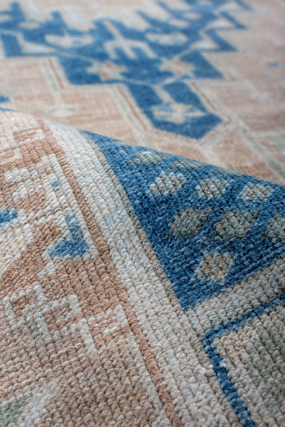 4' x 7' one-of-a-kind handmade vintage Anatol rug. Color palette: blue, dark gray, dim gray, gray, light blue, light gray