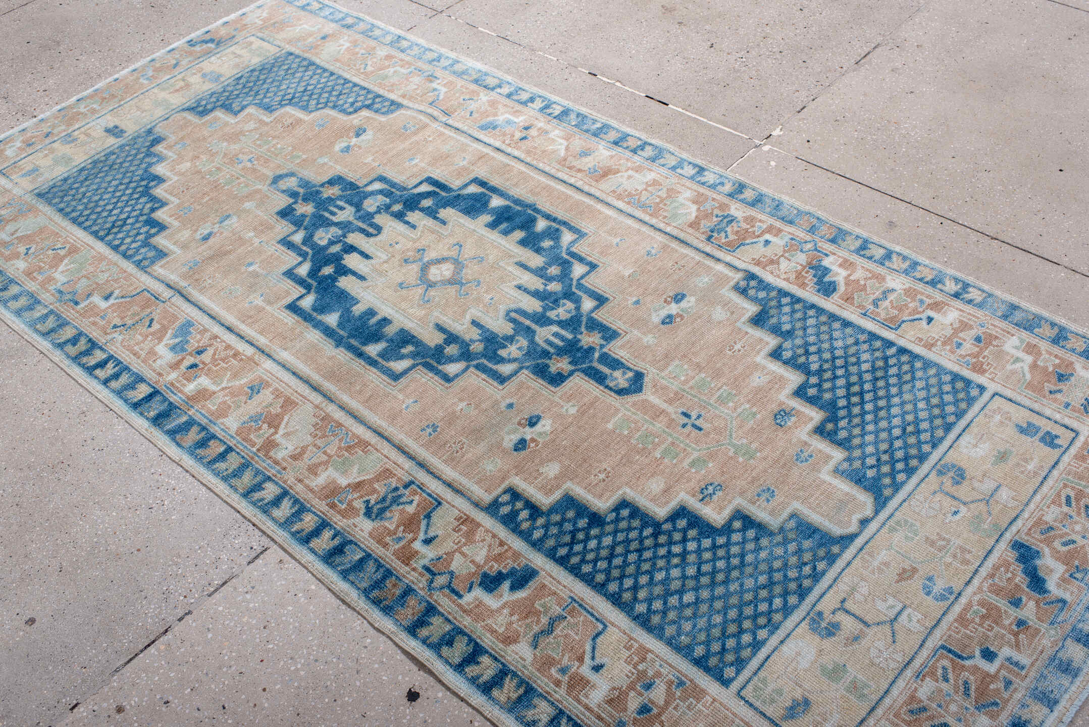 4' x 7' one-of-a-kind handmade vintage Anatolian rug. Color palette: blue, dark gray, dim gray, gray, light blue, light gray