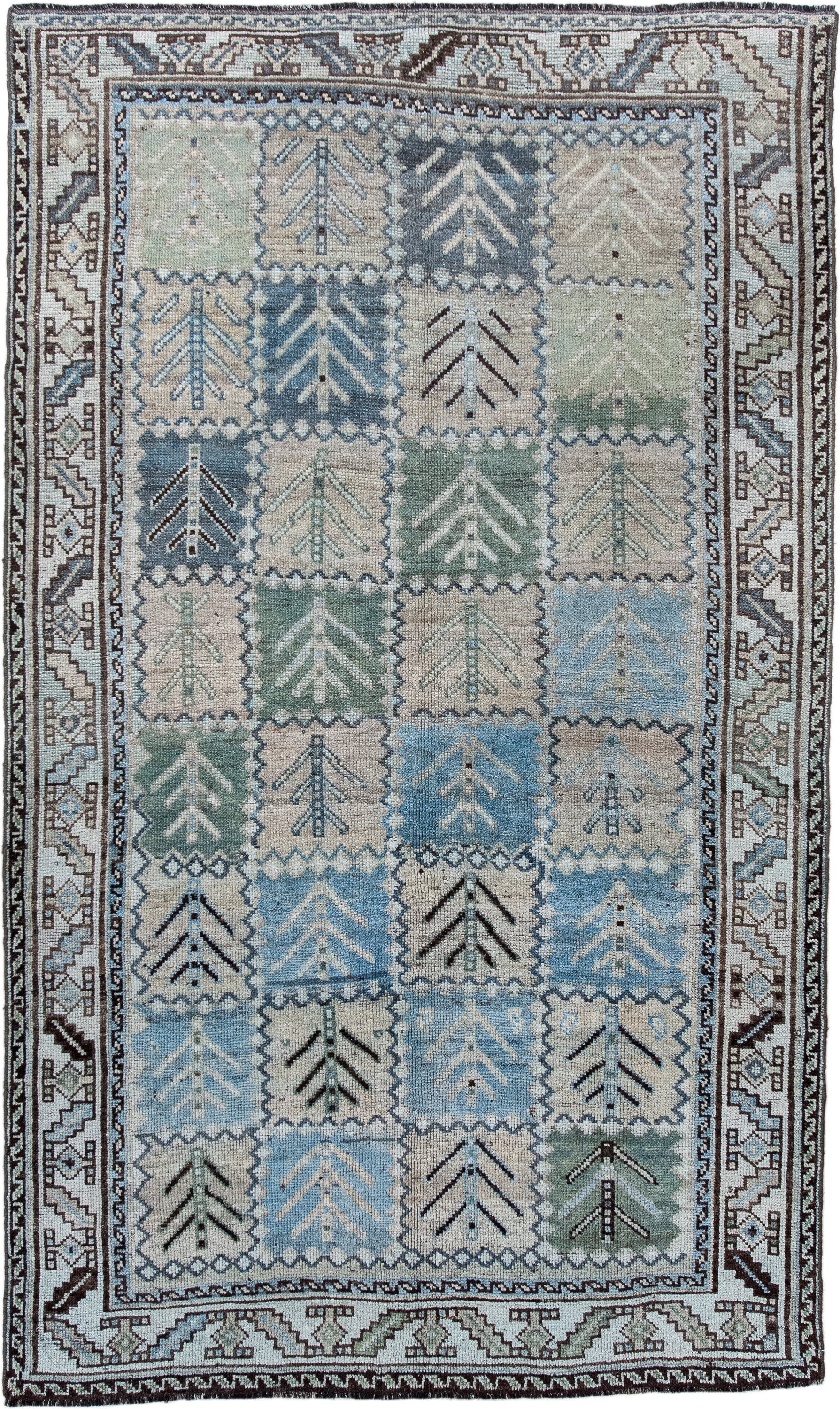 4' x 7' one-of-a-kind handmade antique Gabbe rug. Color palette: ivory, sky blue, sage, charcoal, taupe, slate, light blue