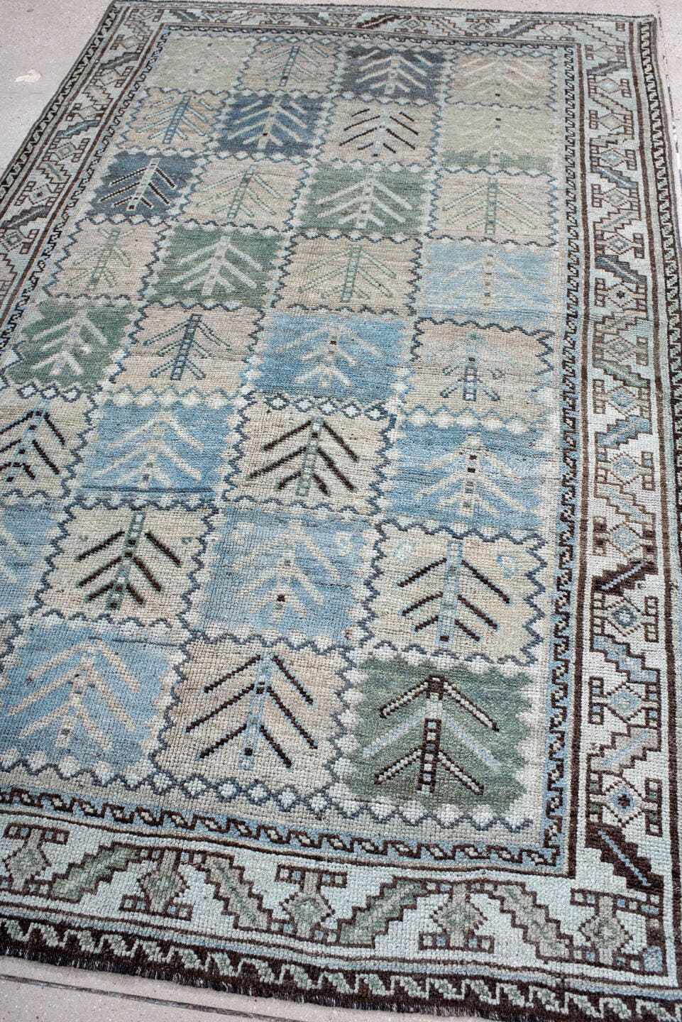 4' x 7' one-of-a-kind handmade antique Gabbe rug. Color palette: ivory, sky blue, sage, charcoal, taupe, slate, light blue