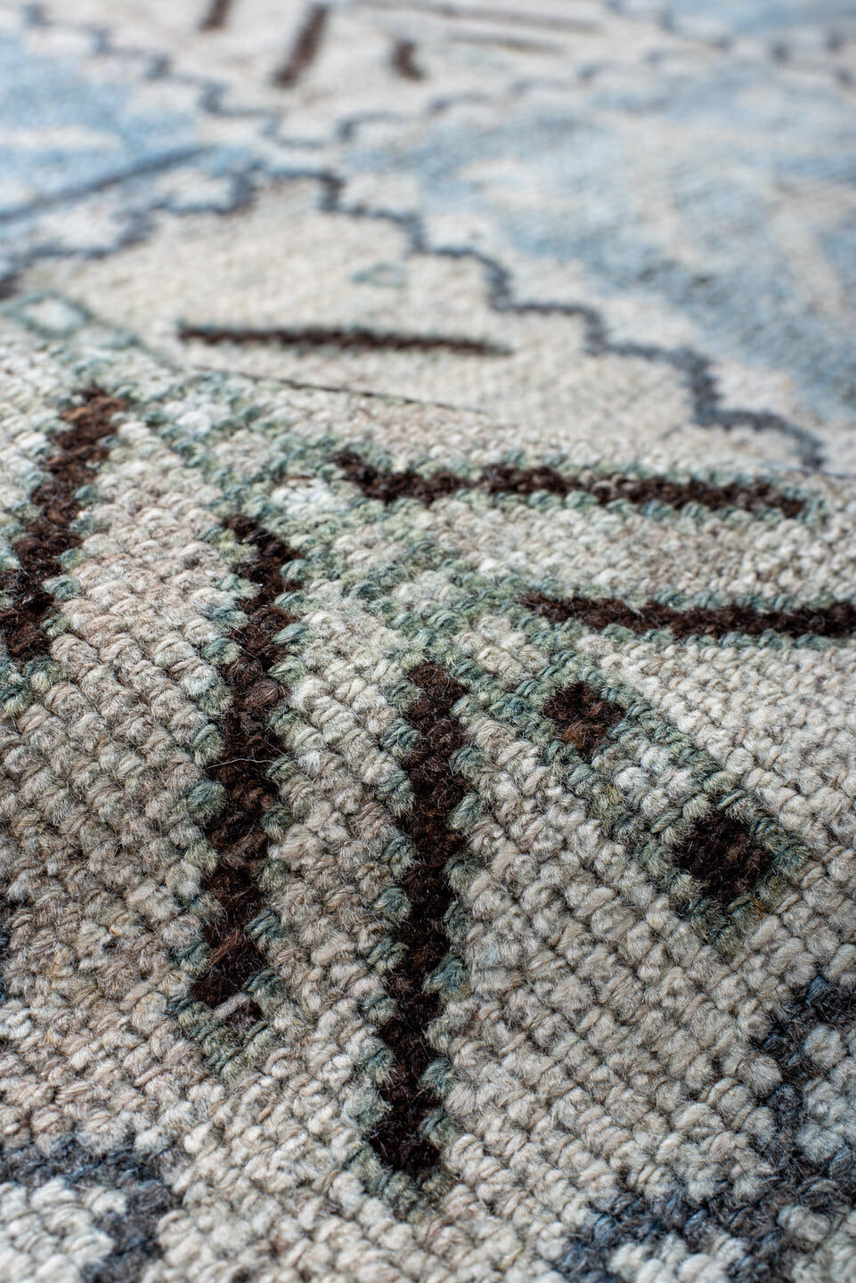 4' x 7' one-of-a-kind handmade antique Gabbe rug. Color palette: ivory, sky blue, sage, charcoal, taupe, slate, light blue