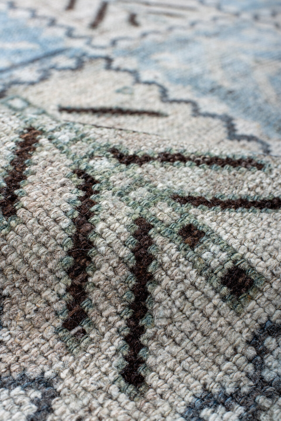 4' x 7' one-of-a-kind handmade antique Gabbe rug. Color palette: ivory, sky blue, sage, charcoal, taupe, slate, light blue