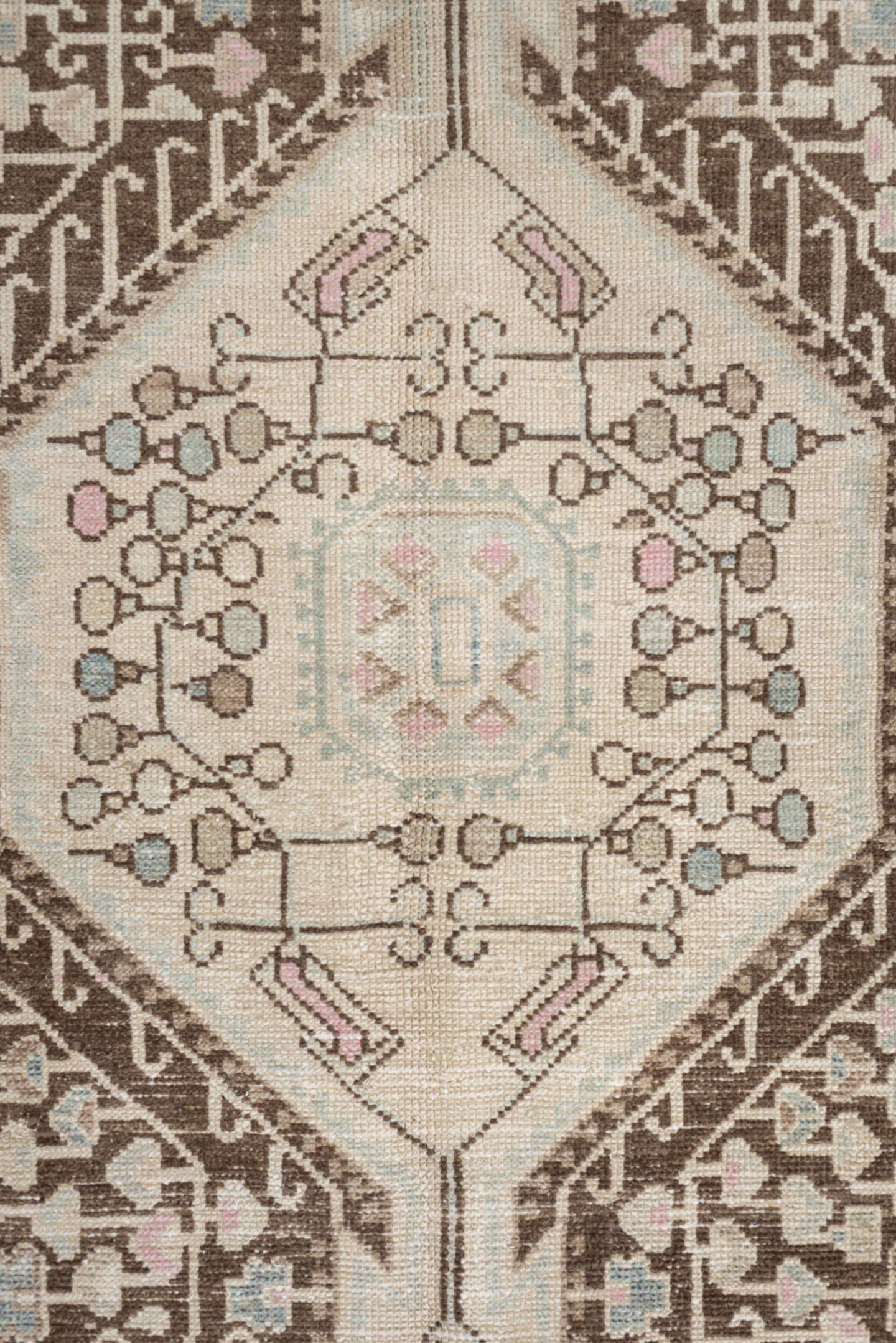 4' x 8' one-of-a-kind handmade vintage Hamadan rug. Color palette: ivory, chocolate_brown, pale_blue, blush, taupe