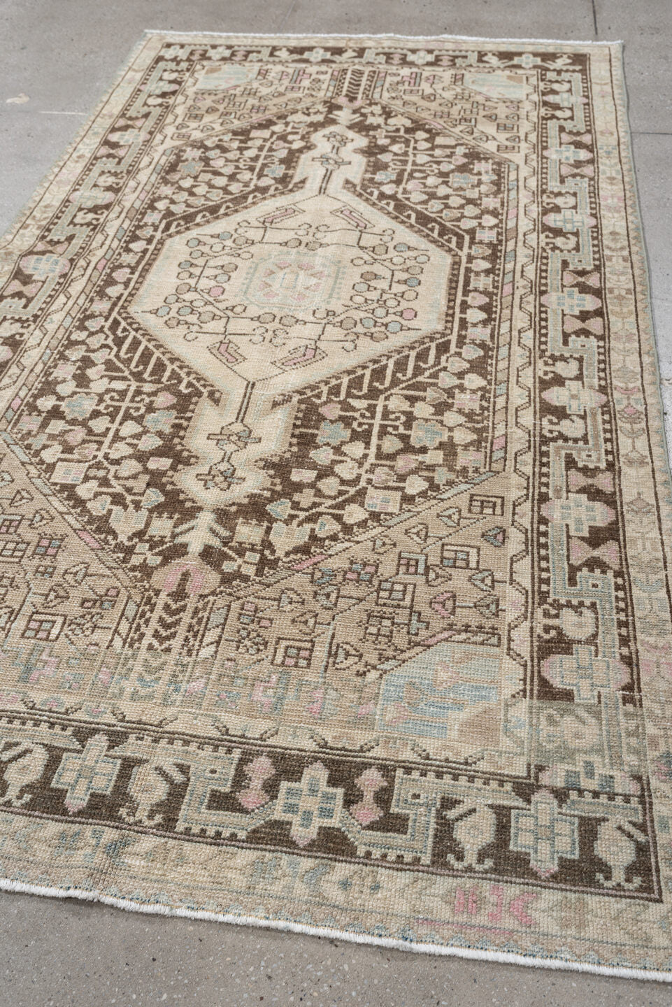 4' x 8' one-of-a-kind handmade vintage Hamadan rug. Color palette: ivory, chocolate_brown, pale_blue, blush, taupe
