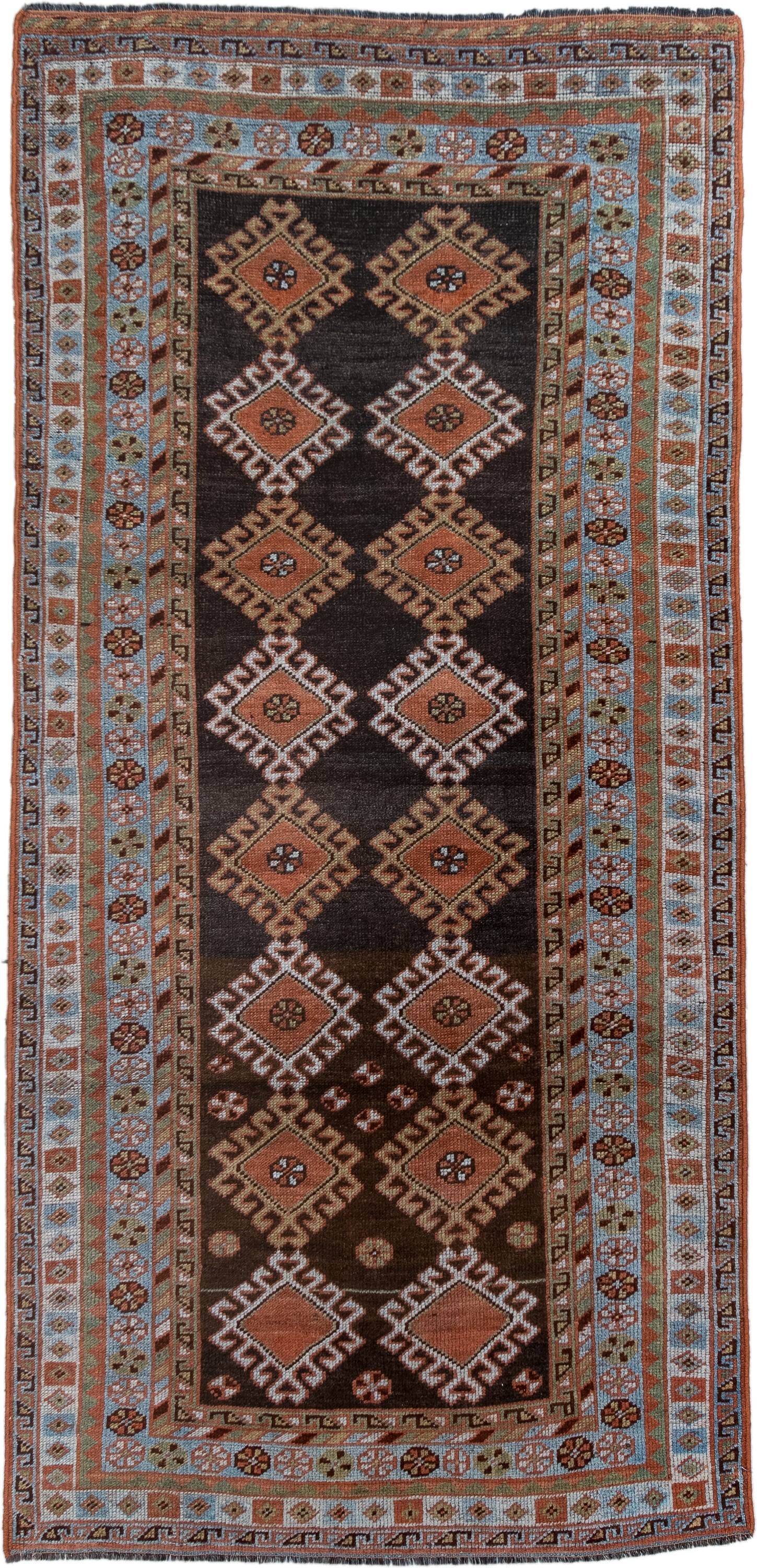 3' x 7' one-of-a-kind handmade antique Gabbe runner rug. Color palette: brown, camel, ivory, sky_blue, rust, terra_cotta