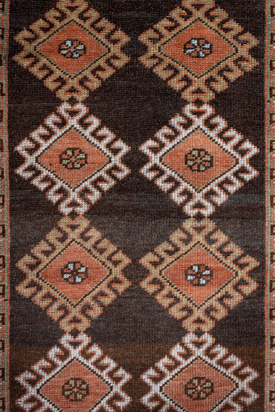 3' x 7' one-of-a-kind handmade antique Gabbe runner rug. Color palette: brown, camel, ivory, sky_blue, rust, terra_cotta