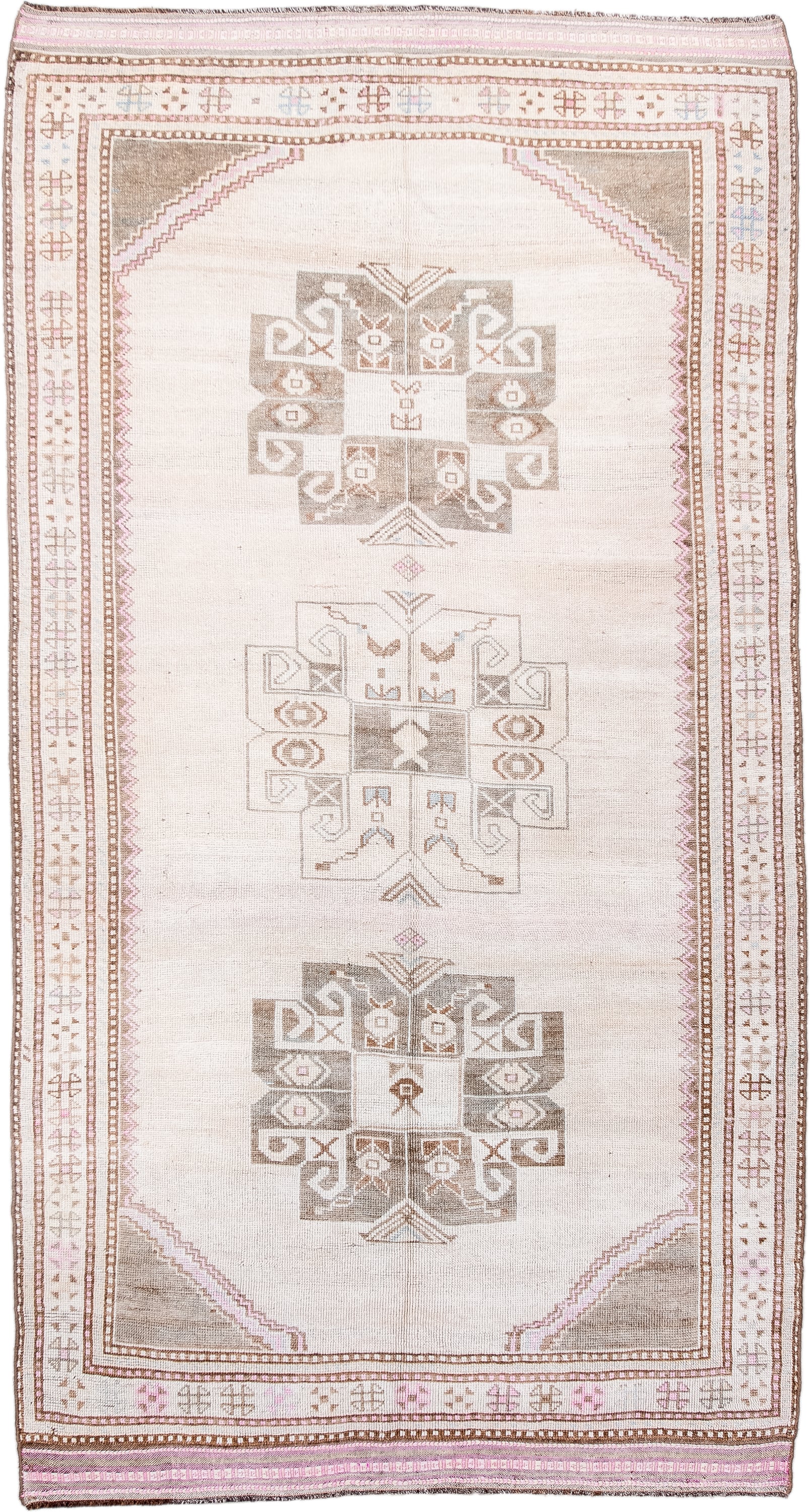 4' x 7' one-of-a-kind handmade antique Anatolian rug. Color palette: ivory, taupe, blush, camel, rose, brown, beige, gray
