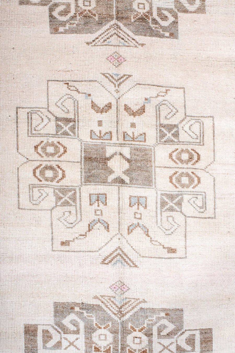4' x 7' one-of-a-kind handmade antique Anatolian rug. Color palette: ivory, taupe, blush, camel, rose, brown, beige, gray