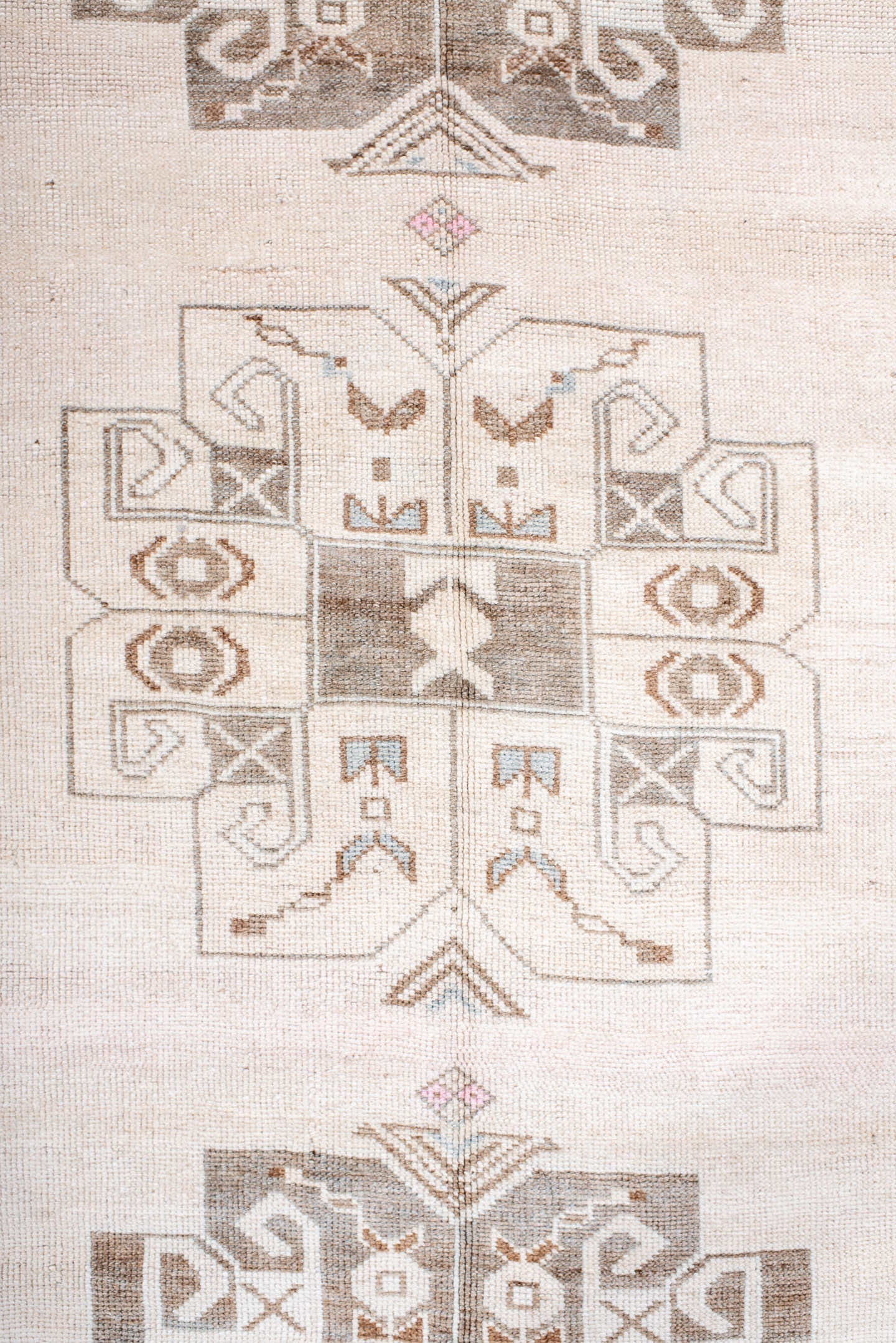 4' x 7' one-of-a-kind handmade antique Anatolian rug. Color palette: ivory, taupe, blush, camel, rose, brown, beige, gray