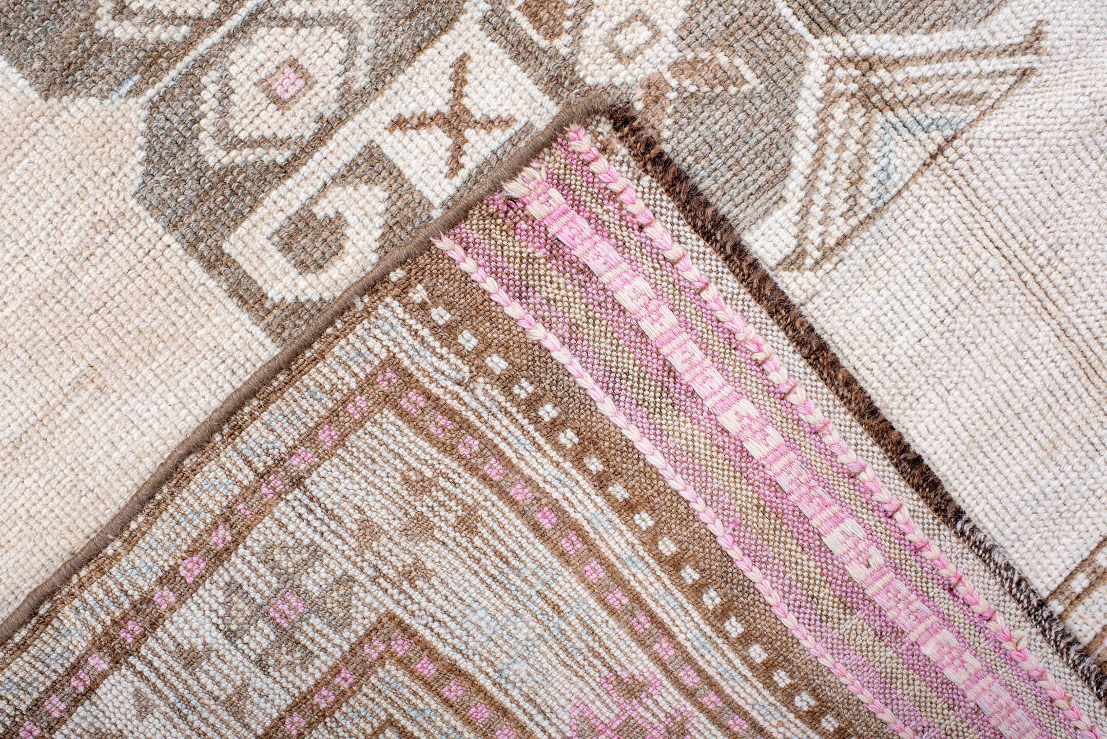 4' x 7' one-of-a-kind handmade antique Anatolian rug. Color palette: ivory, taupe, blush, camel, rose, brown, beige, gray