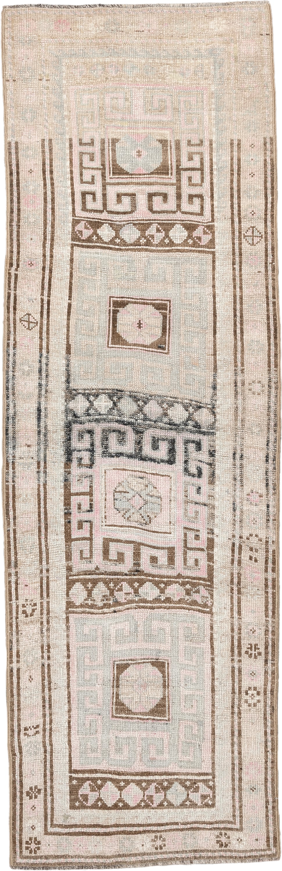7' x 2' one-of-a-kind handmade antique NW Persian rug. Color palette: ivory, brown, sky blue, blush, taupe, light blue, pink