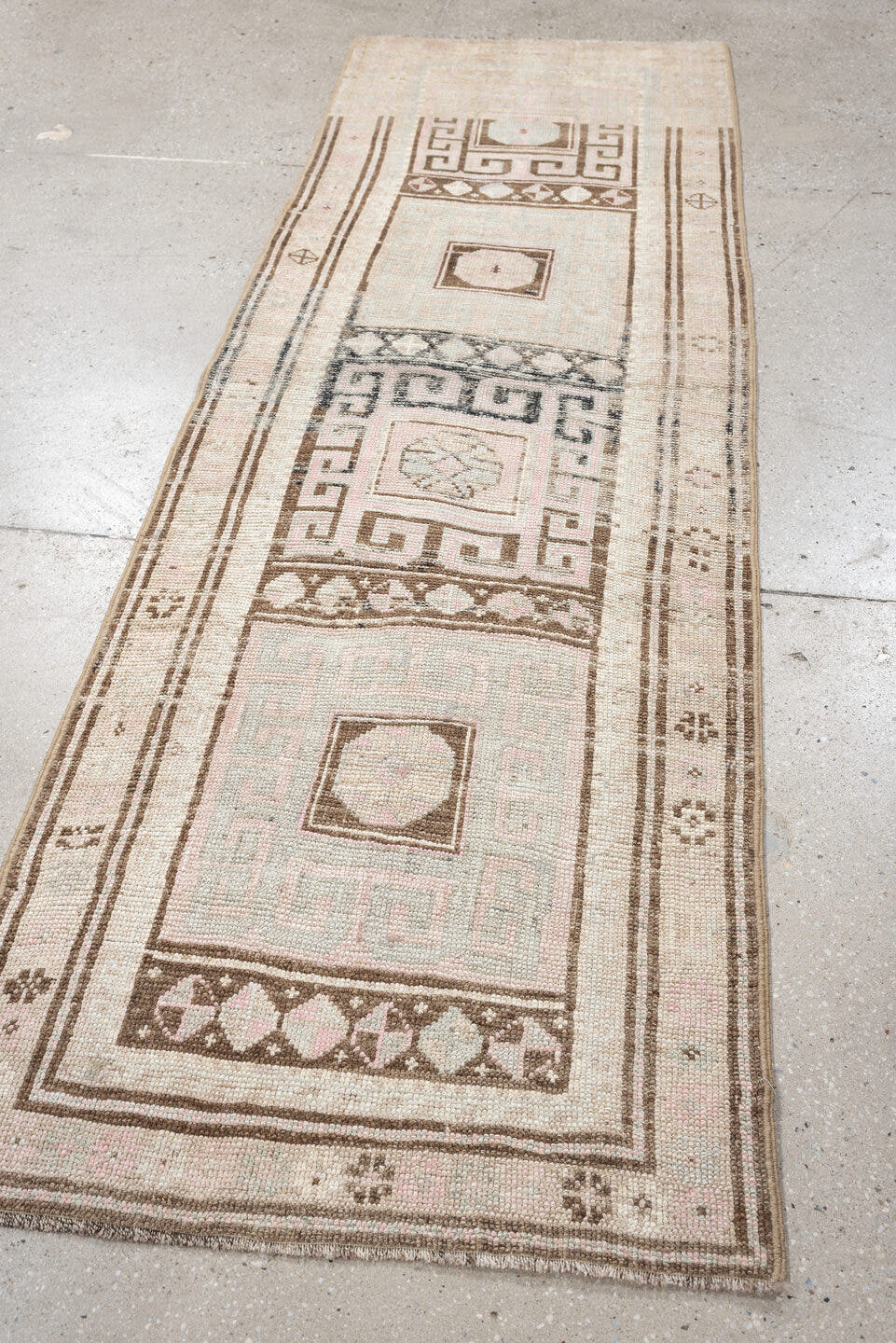 7' x 2' one-of-a-kind handmade antique NW Persian rug. Color palette: ivory, brown, sky blue, blush, taupe, light blue, pink