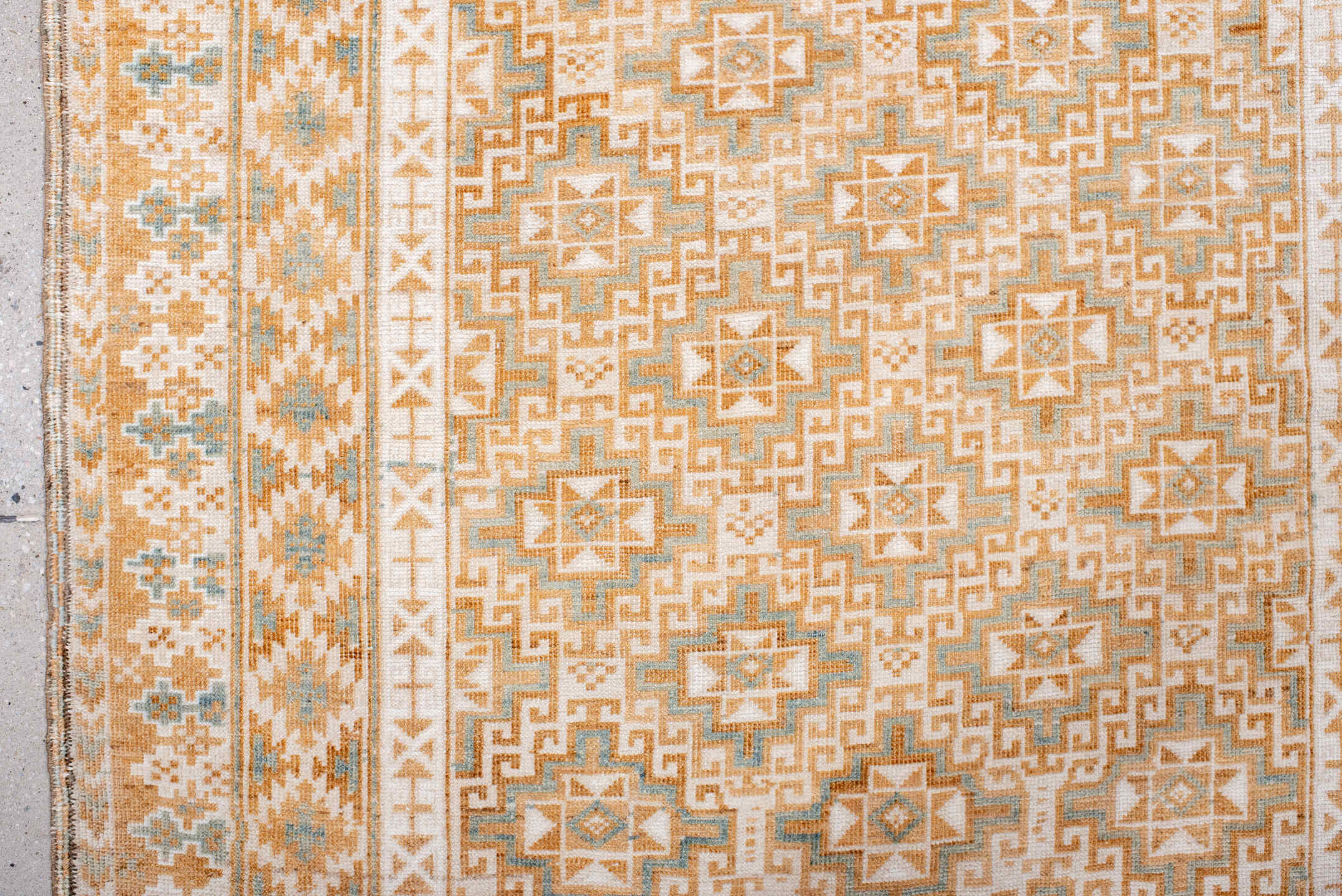3' x 7' one-of-a-kind handmade vintage Belouch runner rug. Color palette: ivory, camel, taupe, pale blue, sand, beige, gray