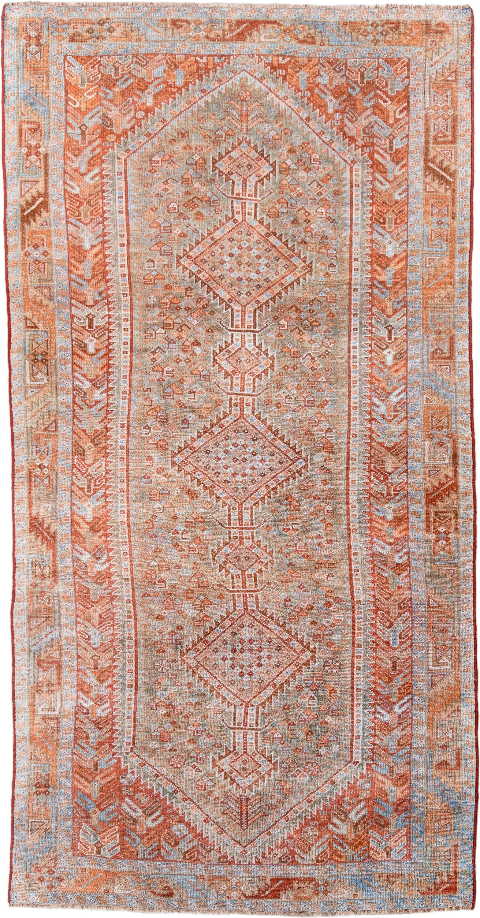 4' x 8' one-of-a-kind handmade antique Shiraz rug. Color palette: rust, ivory, pale blue, terra cotta, camel, taupe, brown