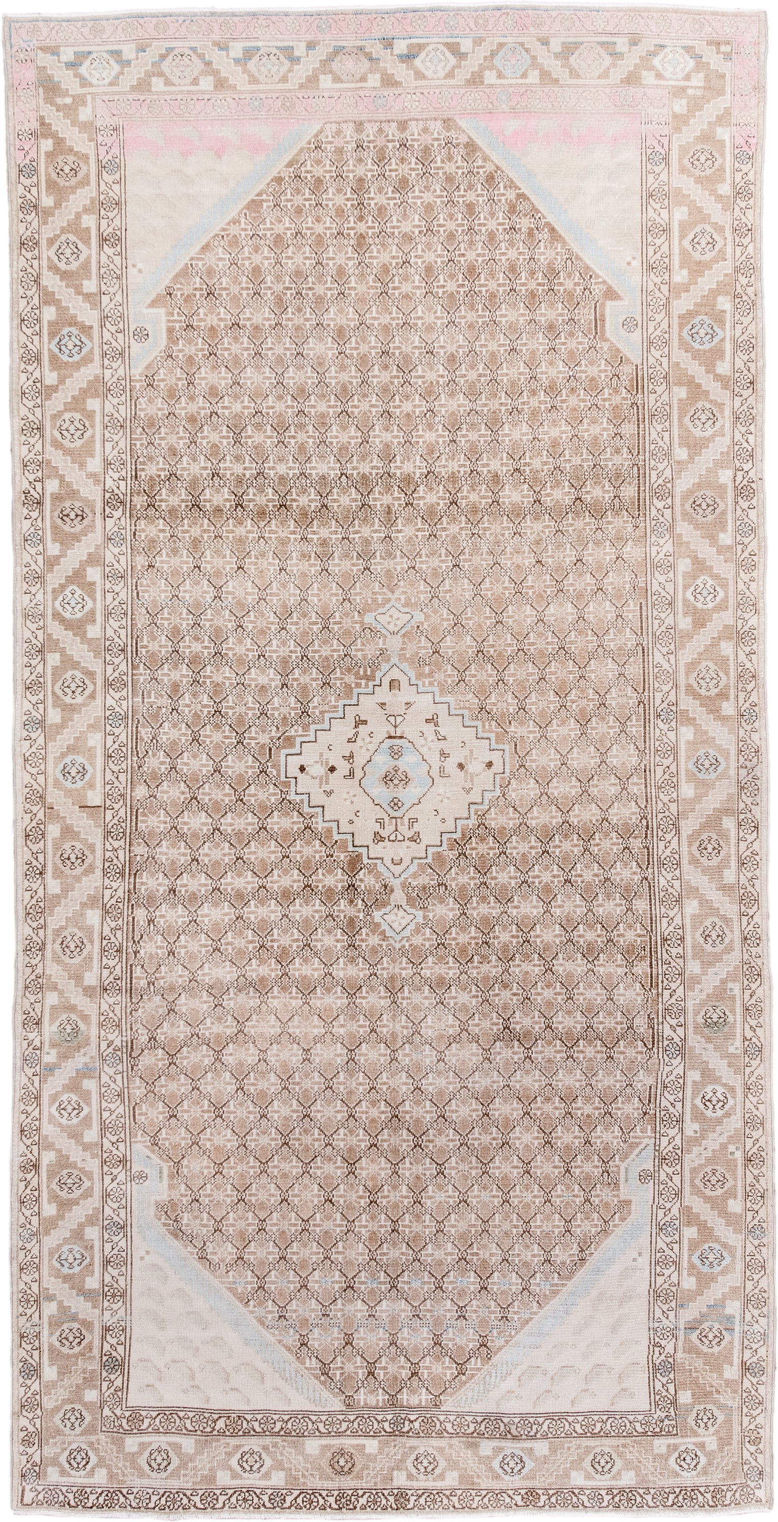 4' x 9' one-of-a-kind handmade antique Malayer runner rug. Color palette: ivory, camel, blush, taupe, light blue, beige