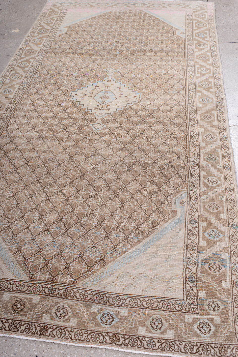 4' x 9' one-of-a-kind handmade antique Malayer runner rug. Color palette: ivory, camel, blush, taupe, light blue, beige