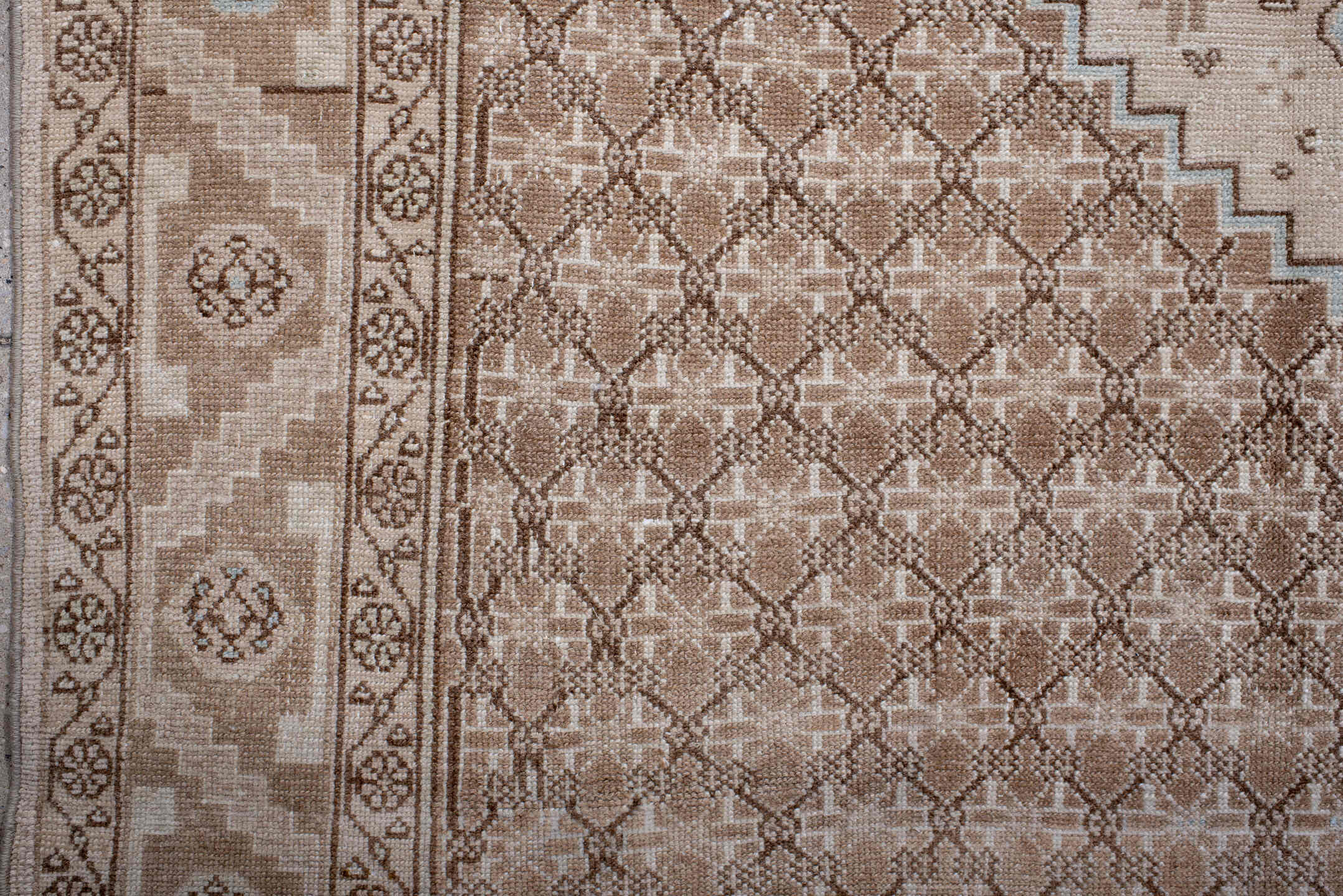 4' x 9' one-of-a-kind handmade antique Malayer runner rug. Color palette: ivory, camel, blush, taupe, light blue, beige