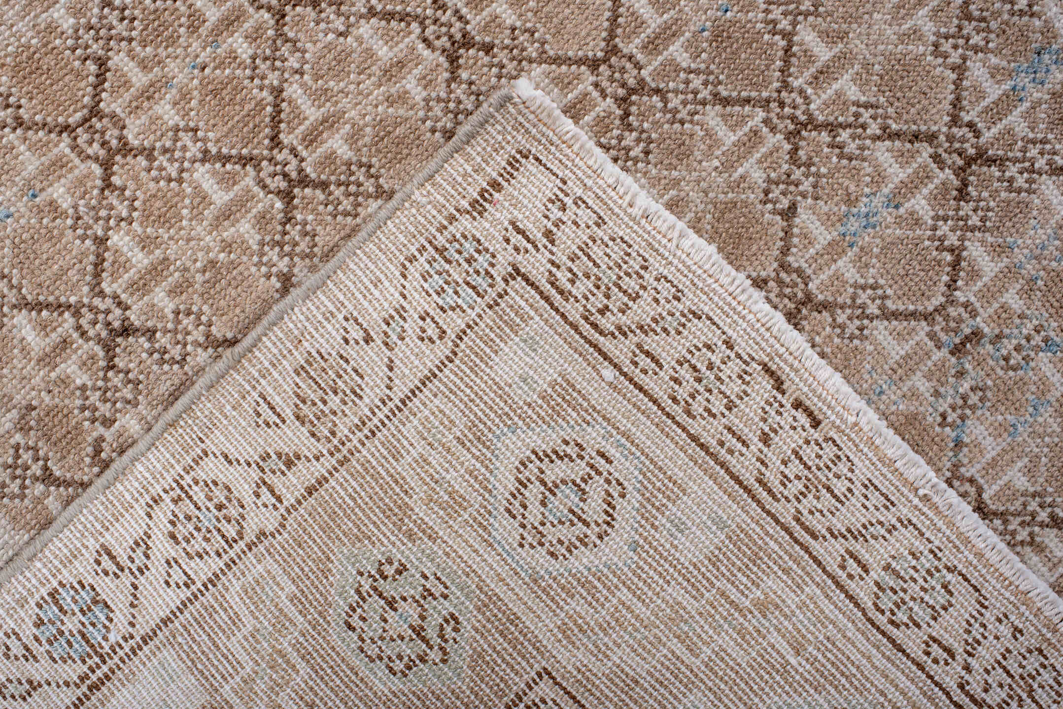 4' x 9' one-of-a-kind handmade antique Malayer runner rug. Color palette: ivory, camel, blush, taupe, light blue, beige