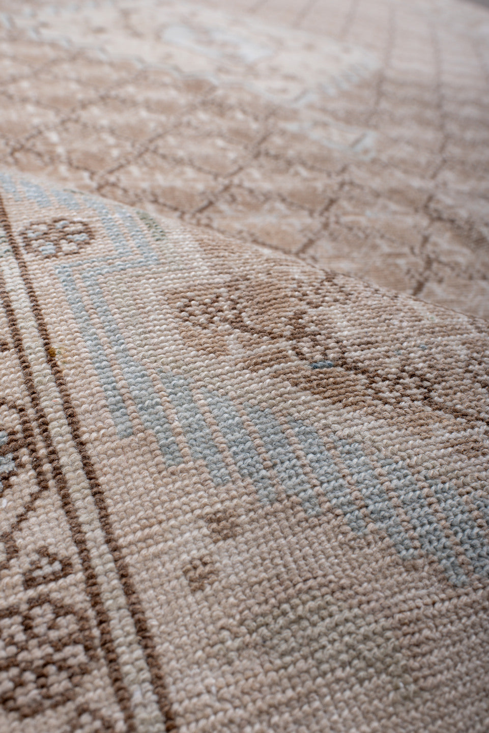 4' x 9' one-of-a-kind handmade antique Malayer runner rug. Color palette: ivory, camel, blush, taupe, light blue, beige