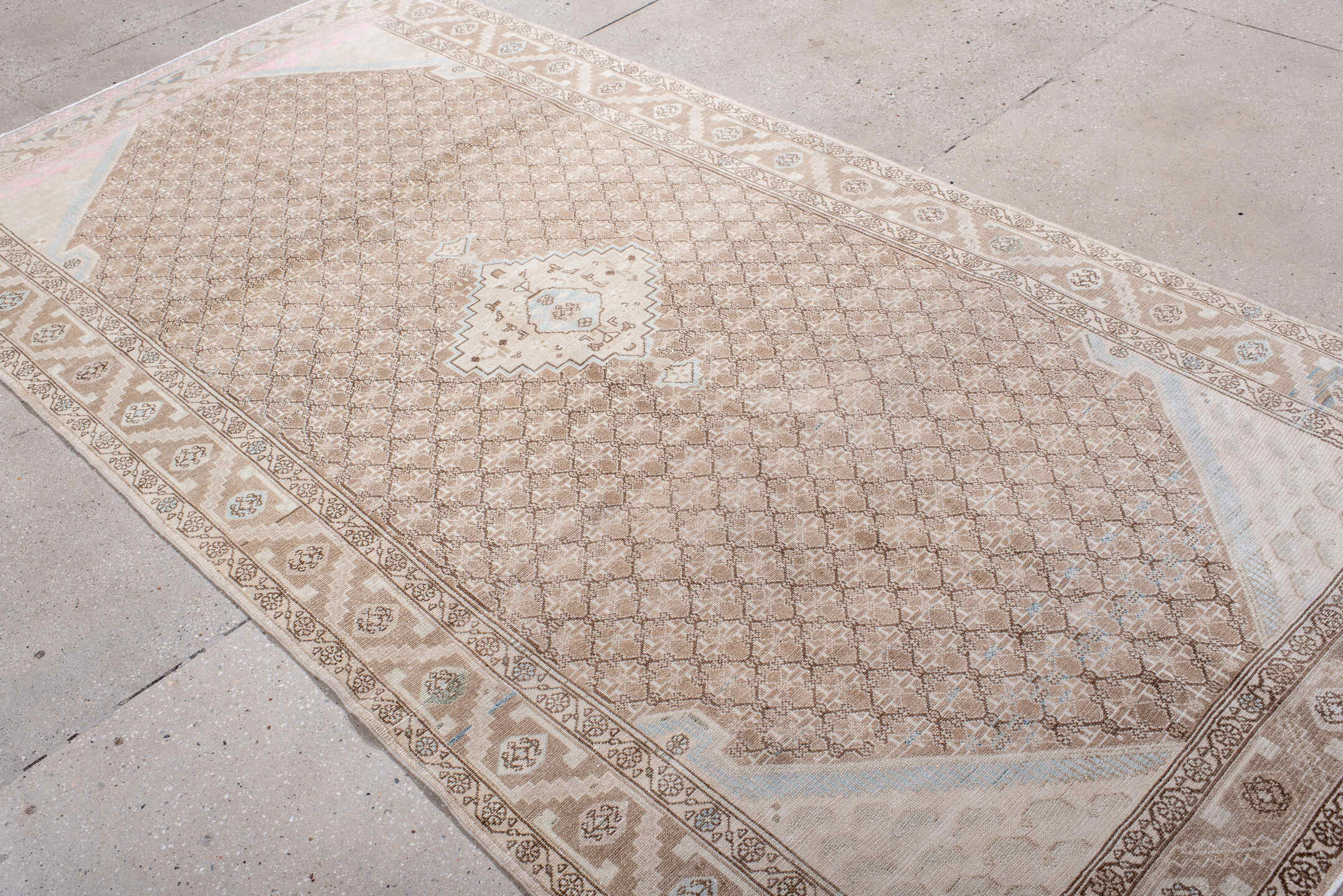 4' x 9' one-of-a-kind handmade antique Malayer runner rug. Color palette: ivory, camel, blush, taupe, light blue, beige