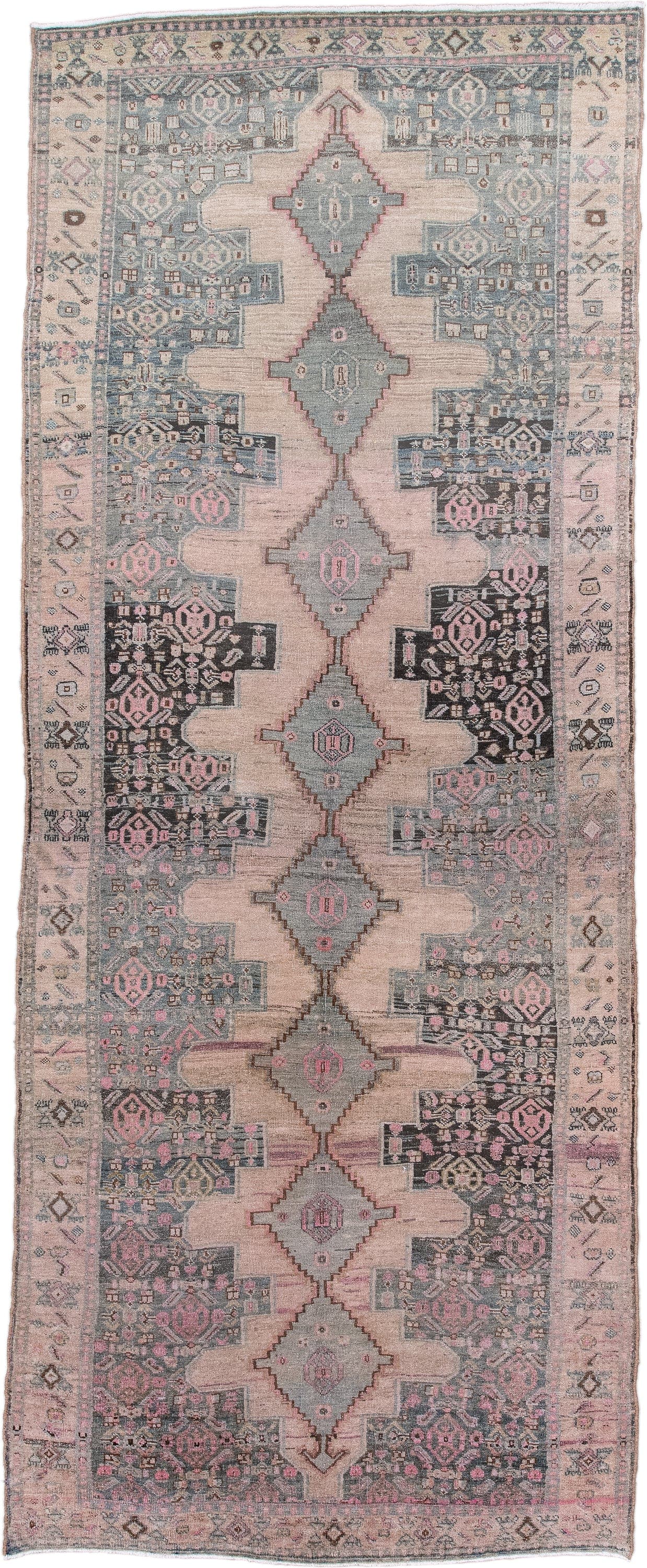 4' x 10' one-of-a-kind handmade antique Bidjar runner rug. Color palette: blush, ivory, slate, charcoal, rose, taupe