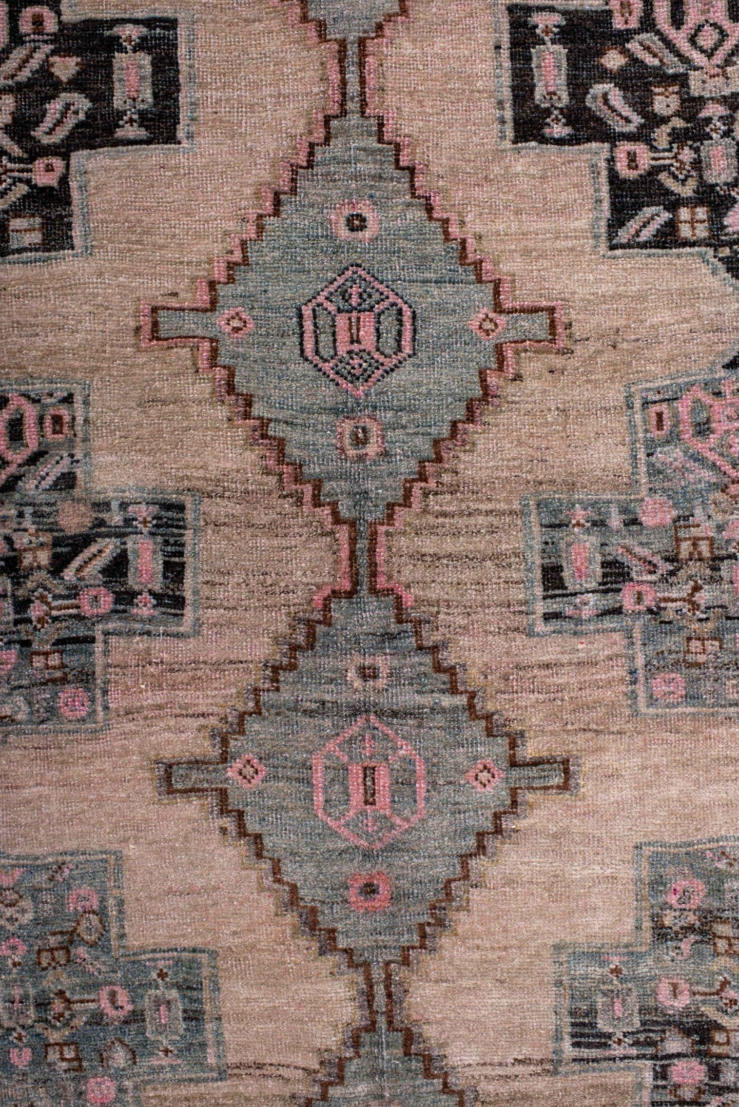 4' x 10' one-of-a-kind handmade antique Bidjar runner rug. Color palette: blush, ivory, slate, charcoal, rose, taupe