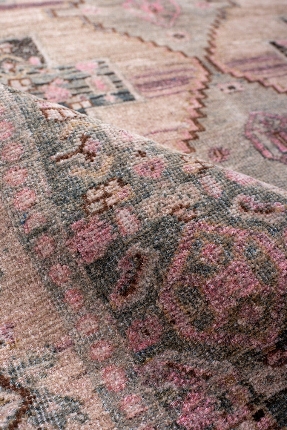 4' x 10' one-of-a-kind handmade antique Bidjar runner rug. Color palette: blush, ivory, slate, charcoal, rose, taupe