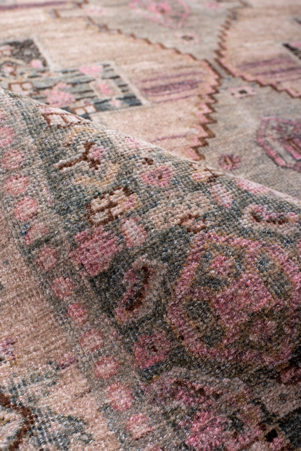 4' x 10' one-of-a-kind handmade antique Bidjar runner rug. Color palette: blush, ivory, slate, charcoal, rose, taupe