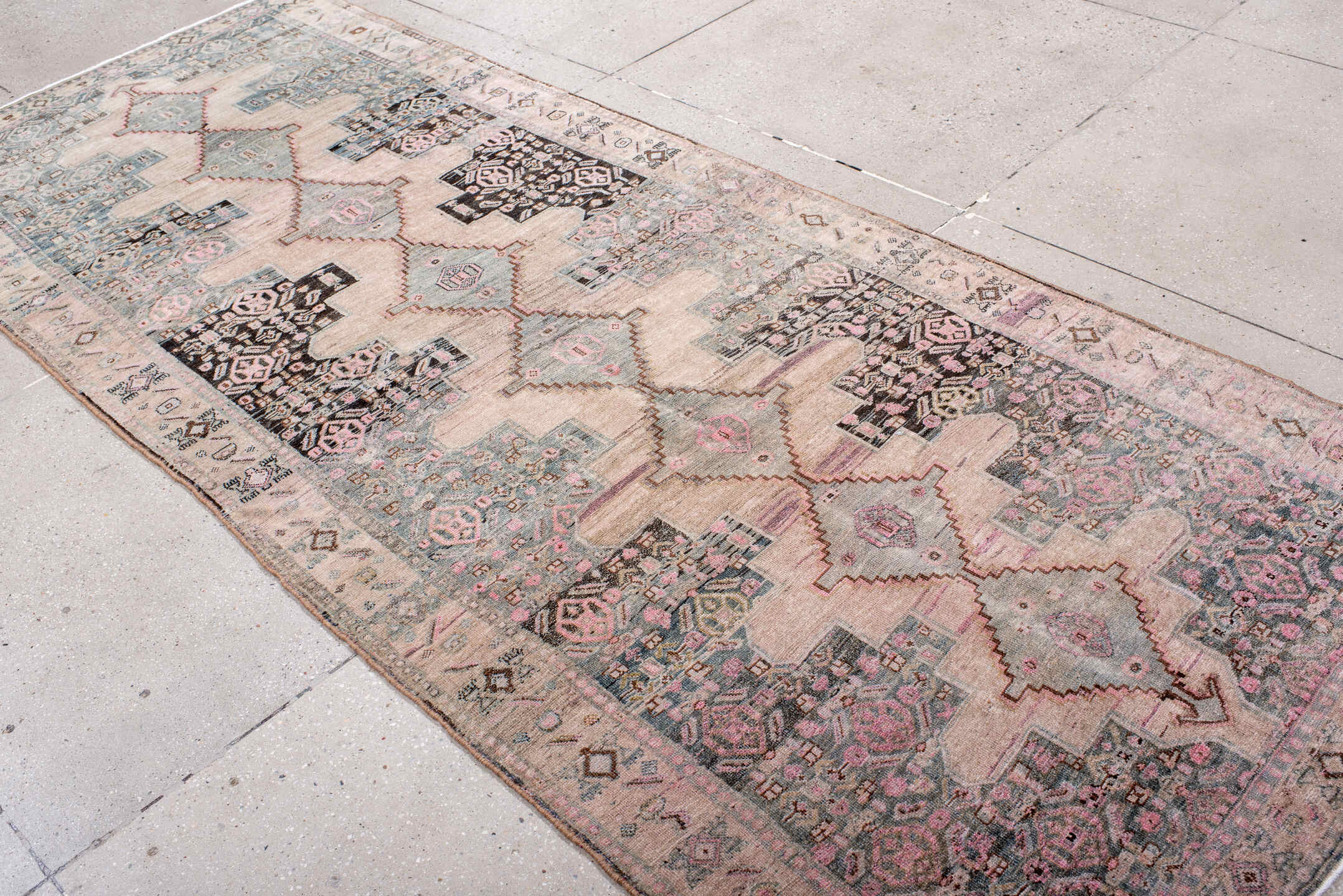 4' x 10' one-of-a-kind handmade antique Bidjar runner rug. Color palette: blush, ivory, slate, charcoal, rose, taupe