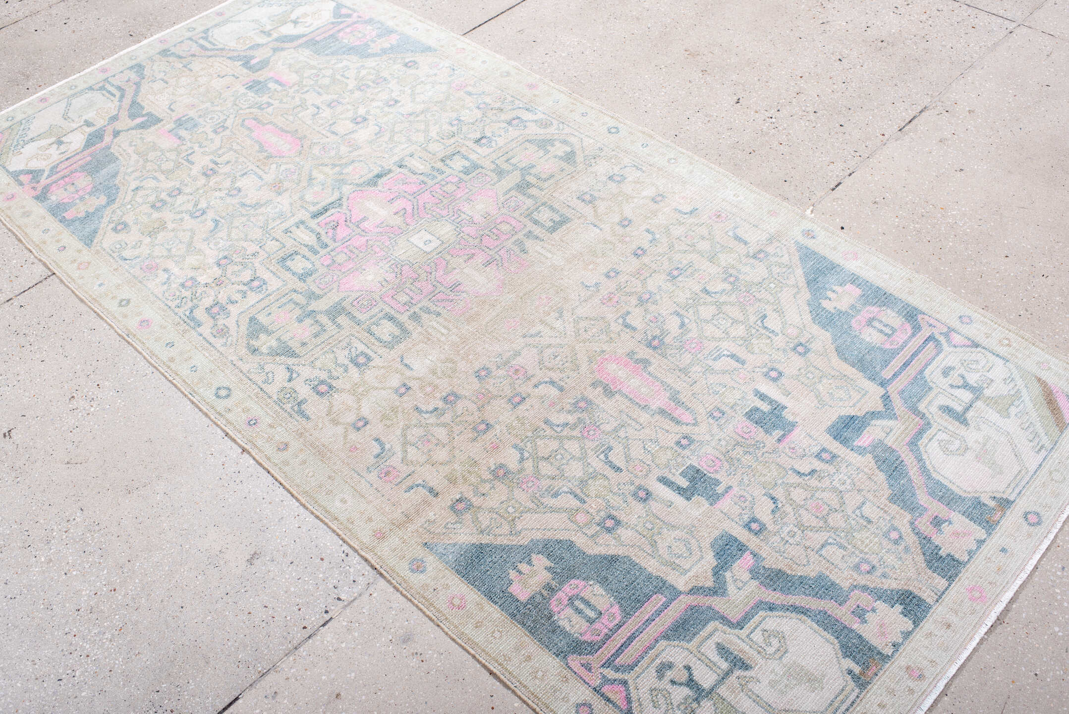 3' x 7' one-of-a-kind handmade antique Malayer runner rug. Color palette: ivory, beige, indigo, pink, taupe, pale blue