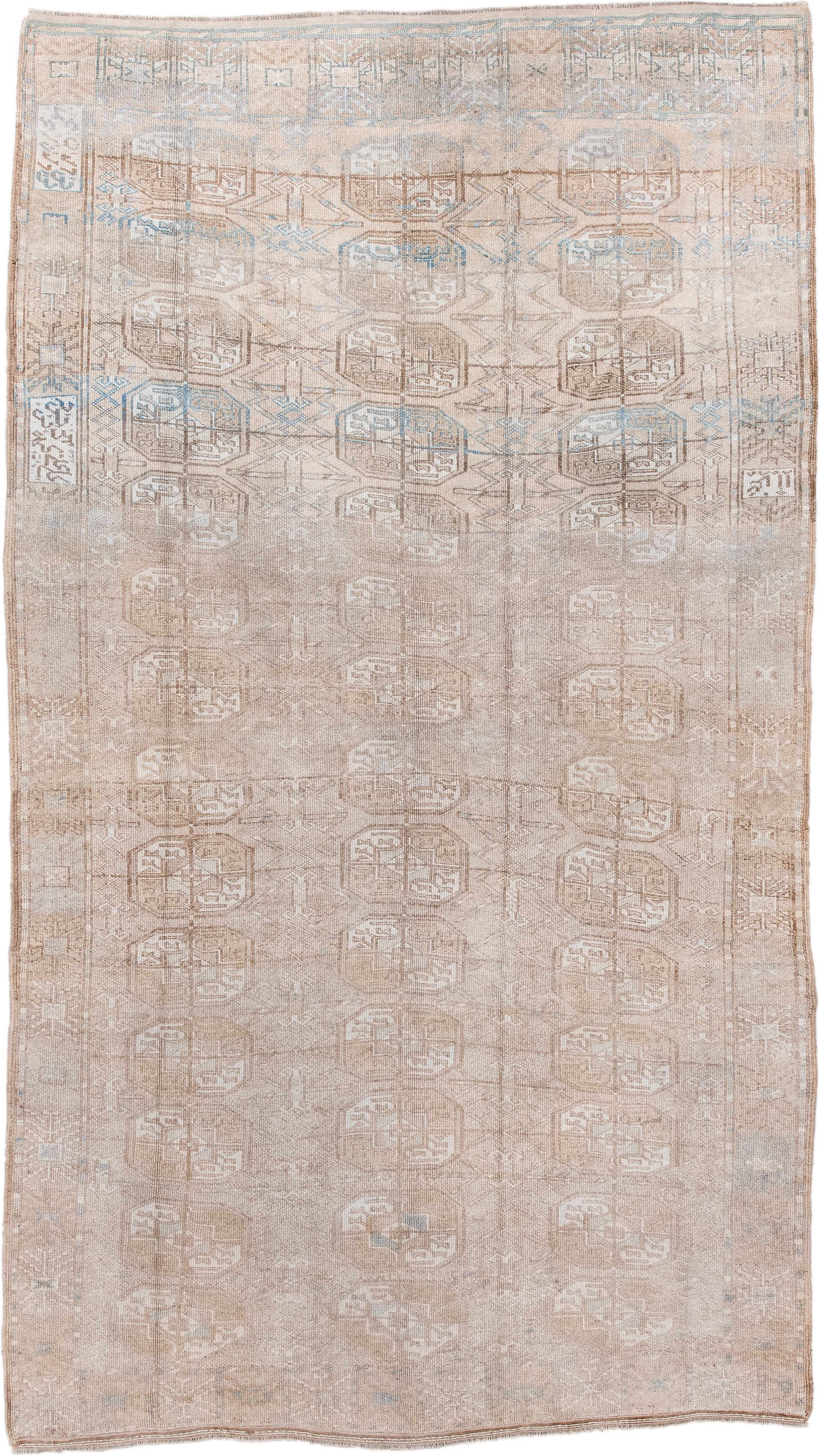 5' x 9' one-of-a-kind handmade antique Afghan medium size rug. Color palette: camel, ivory, taupe, light blue, beige, gray