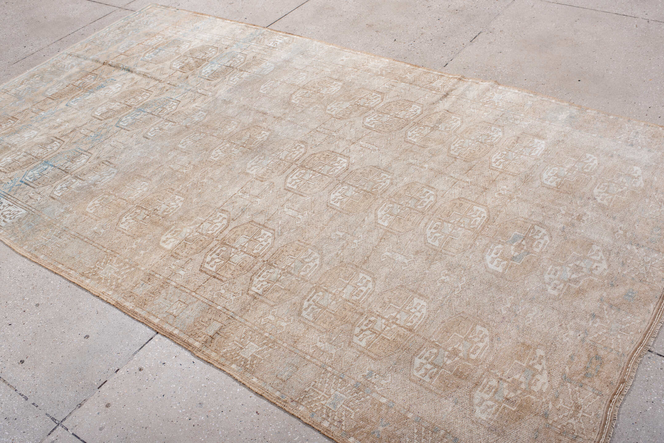 5' x 9' one-of-a-kind handmade antique Afghan medium size rug. Color palette: camel, ivory, taupe, light blue, beige, gray