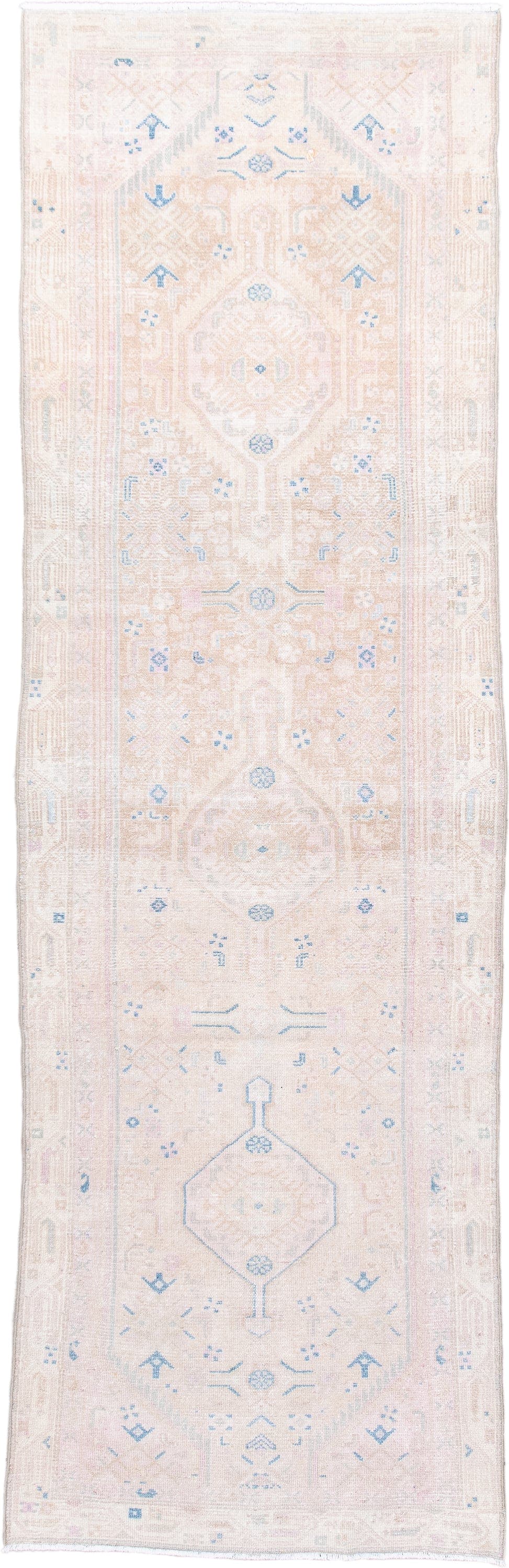 2' x 9' one-of-a-kind handmade antique Hamadan runner rug. Color palette: ivory, blush, pale blue, cream, taupe, pink