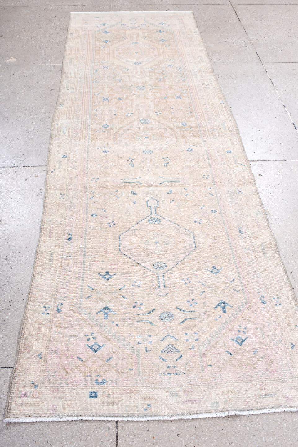 2' x 9' one-of-a-kind handmade antique Hamadan runner rug. Color palette: ivory, blush, pale blue, cream, taupe, pink