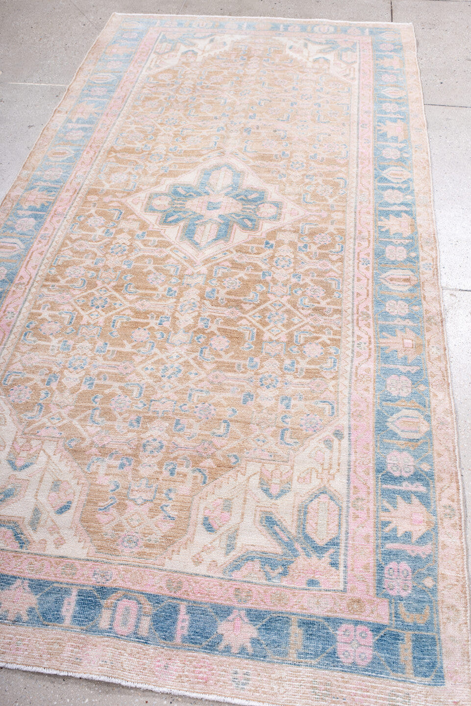 4' x 8' one-of-a-kind handmade antique Hamadan runner rug. Color palette: camel, sky blue, blush, ivory, taupe, pale pink