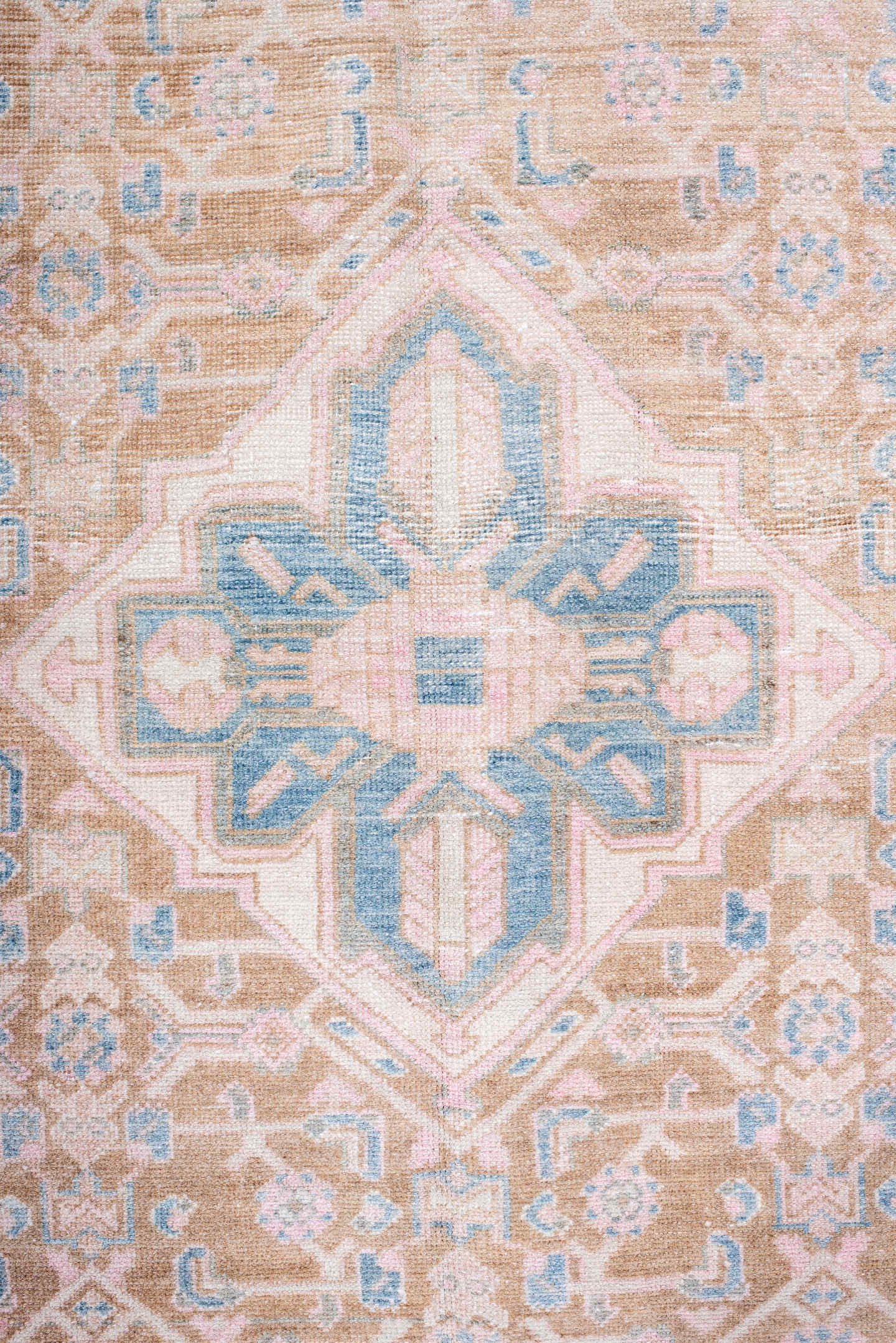 4' x 8' one-of-a-kind handmade antique Hamadan runner rug. Color palette: camel, sky blue, blush, ivory, taupe, pale pink