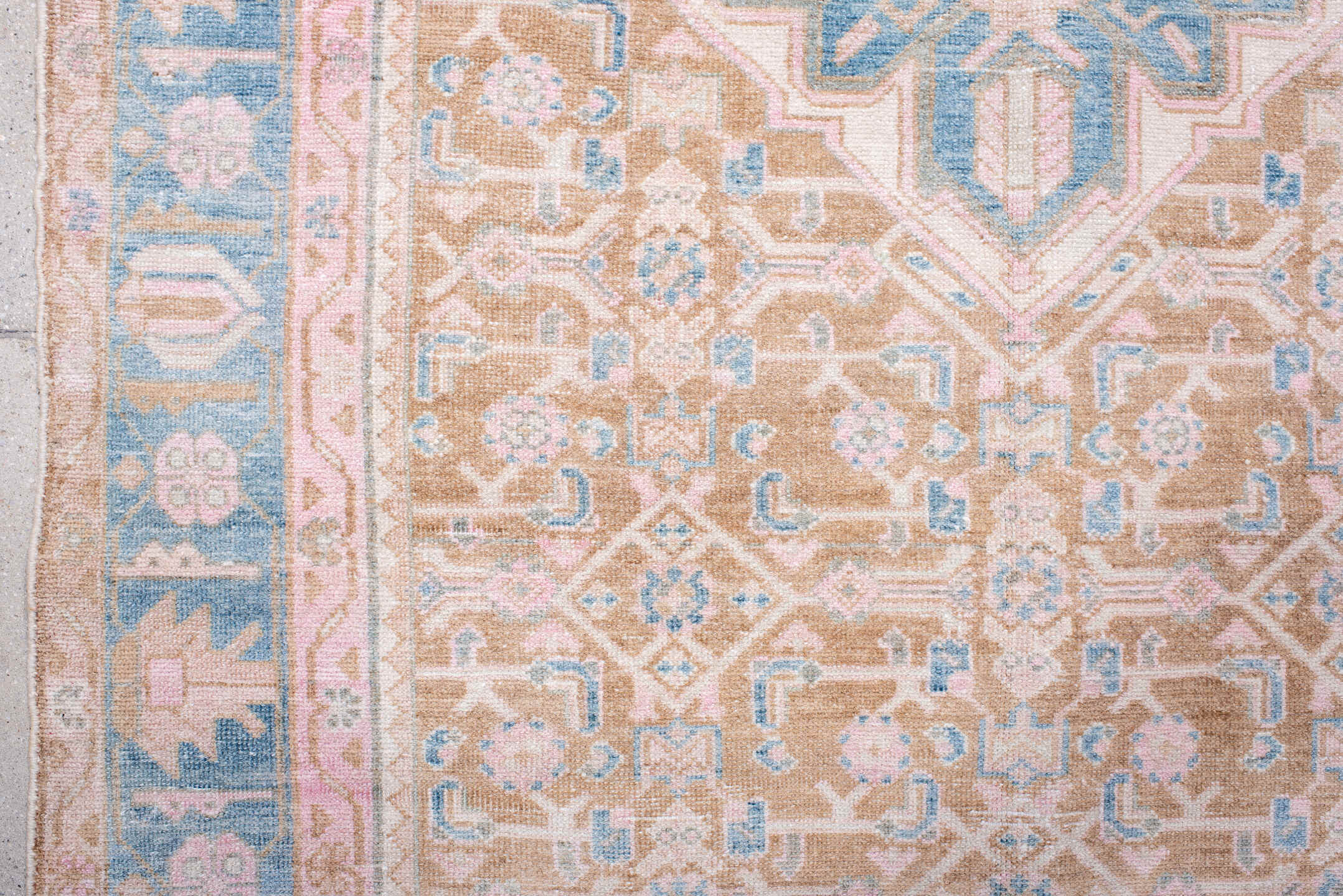 4' x 8' one-of-a-kind handmade antique Hamadan runner rug. Color palette: camel, sky blue, blush, ivory, taupe, pale pink