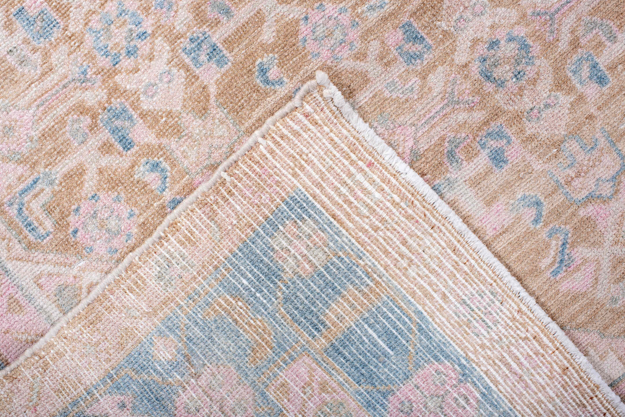 4' x 8' one-of-a-kind handmade antique Hamadan runner rug. Color palette: camel, sky blue, blush, ivory, taupe, pale pink
