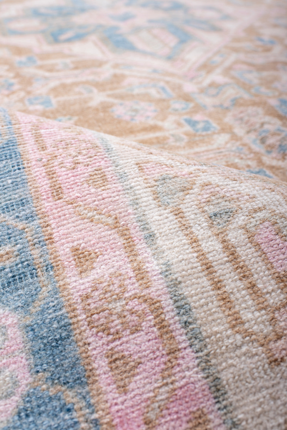 4' x 8' one-of-a-kind handmade antique Hamadan runner rug. Color palette: camel, sky blue, blush, ivory, taupe, pale pink