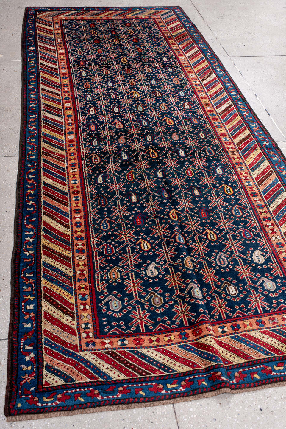 4' x 10' one-of-a-kind handmade antique NW Persian runner rug. Color palette: navy, ivory, red, cobalt, rust, camel, crimson