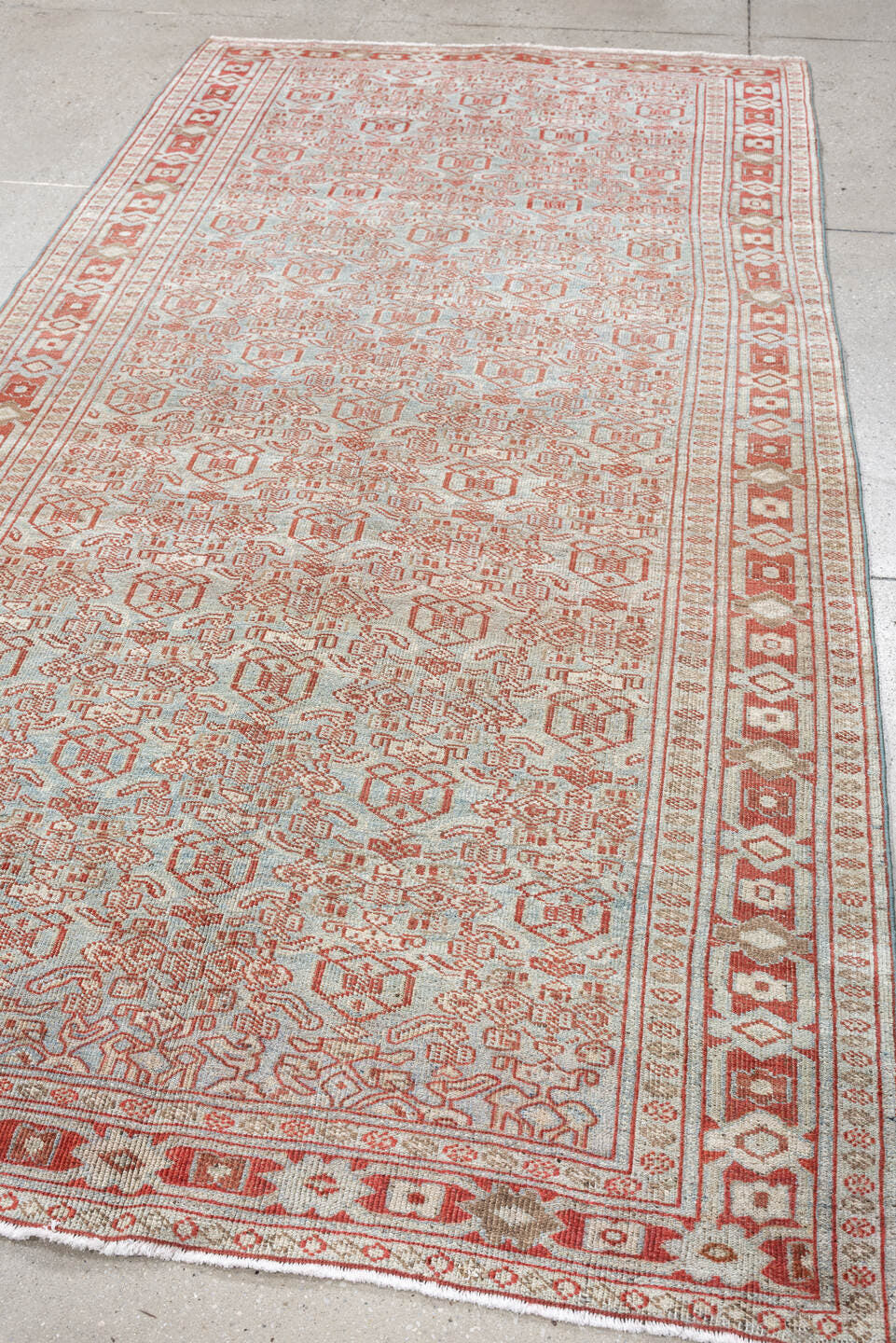 4' x 9' one-of-a-kind handmade vintage Bidjar medium size rug. Color palette: pale blue, terracotta, ivory, rose, taupe
