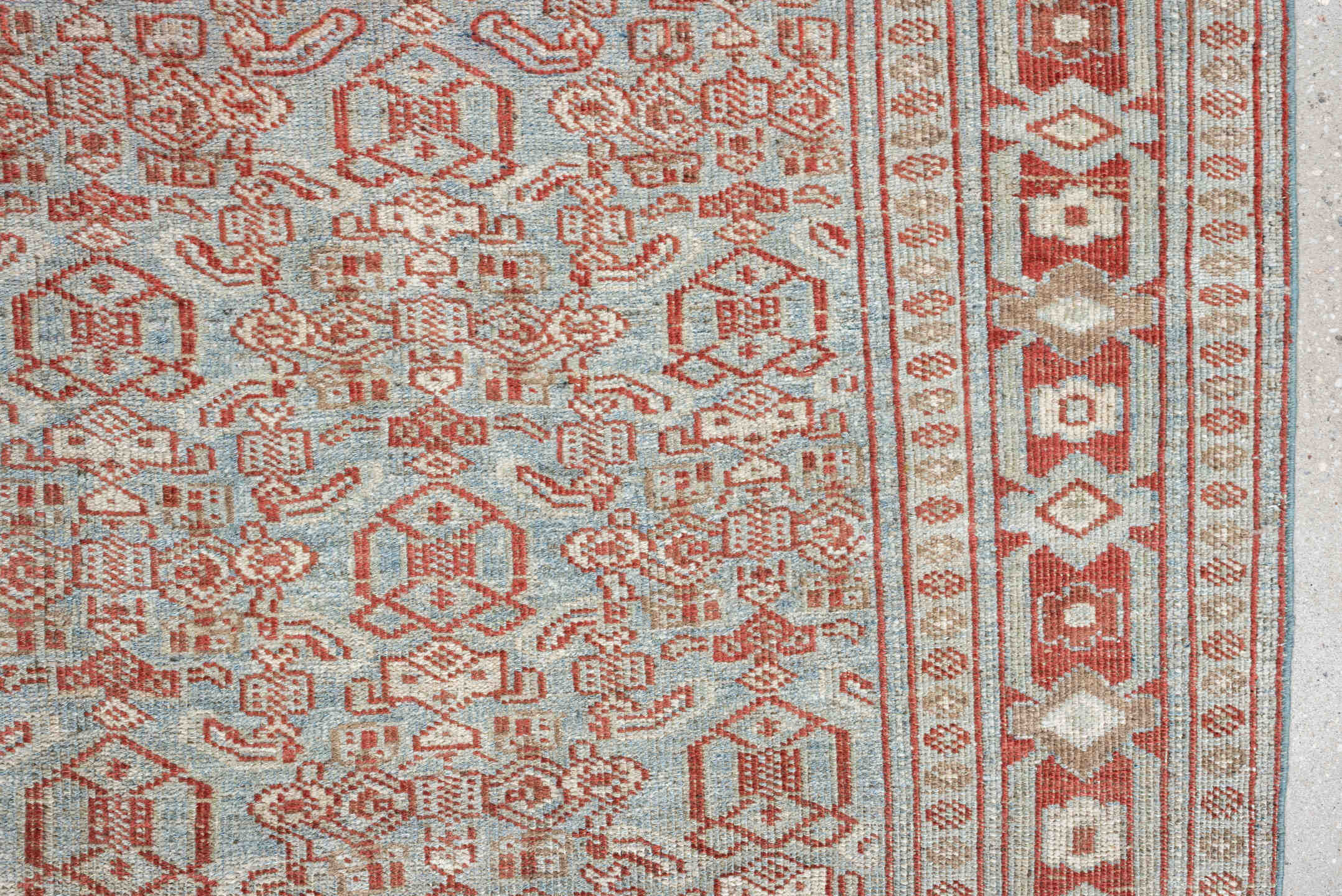 4' x 9' one-of-a-kind handmade vintage Bidjar medium size rug. Color palette: pale blue, terracotta, ivory, rose, taupe