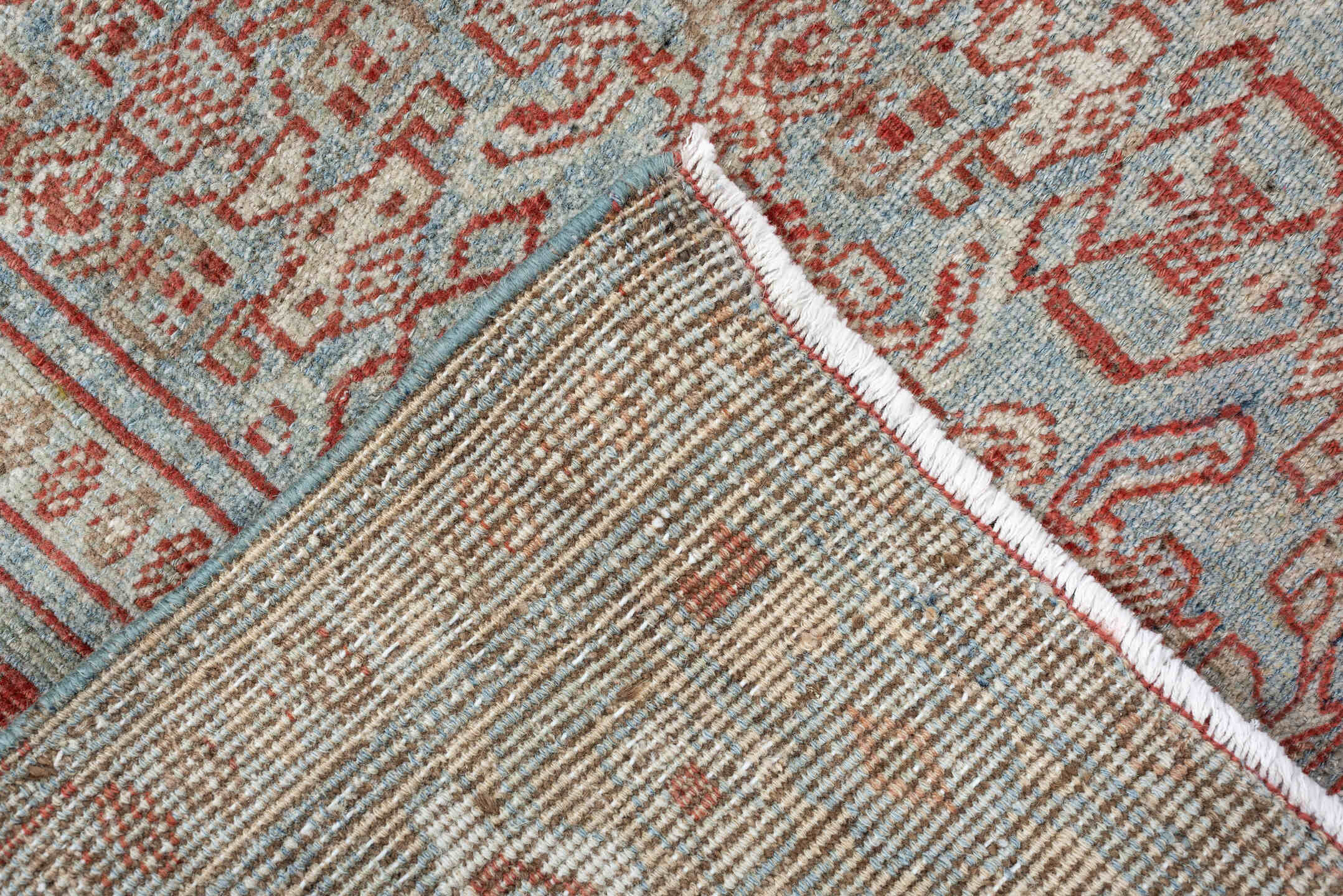 4' x 9' one-of-a-kind handmade vintage Bidjar medium size rug. Color palette: pale blue, terracotta, ivory, rose, taupe