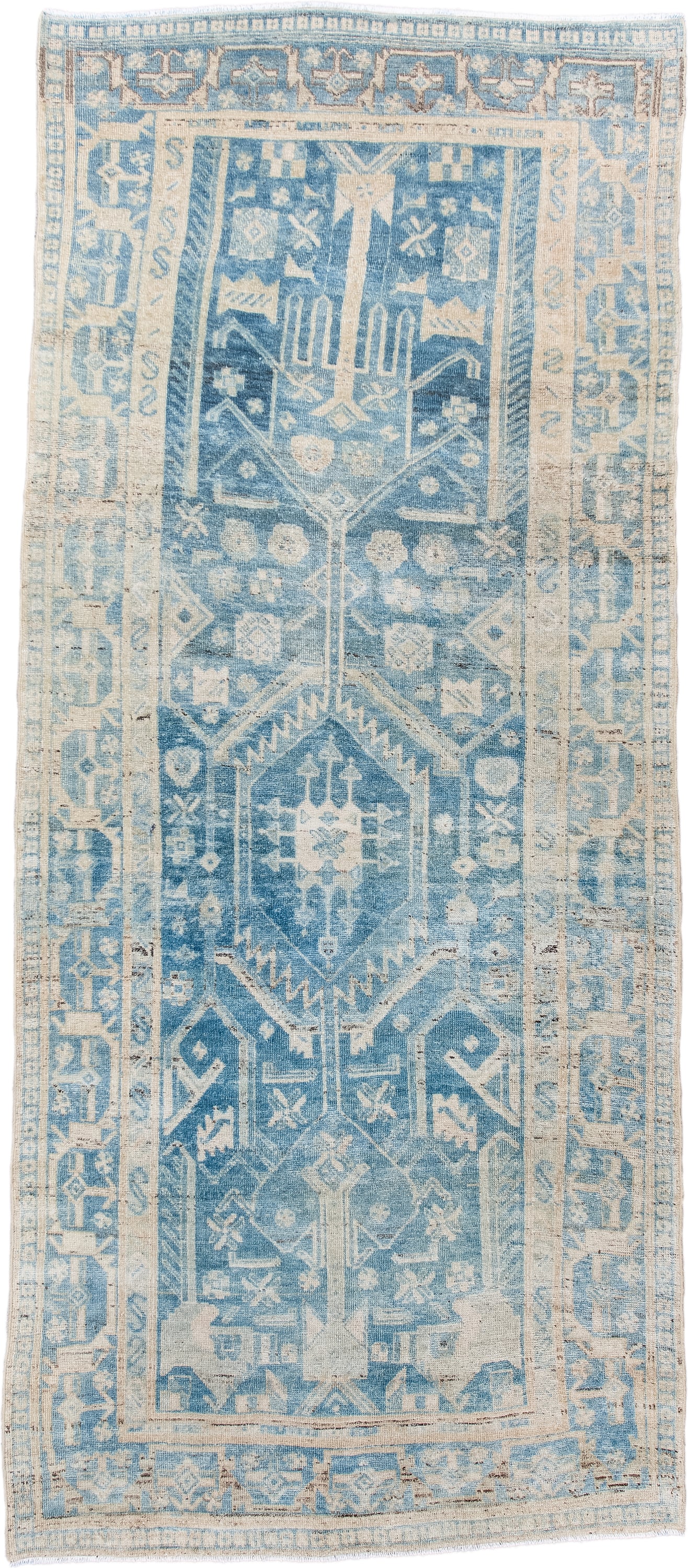4' x 9' one-of-a-kind handmade antique Bidjar runner rug. Color palette: sky blue, ivory, powder blue, beige, taupe