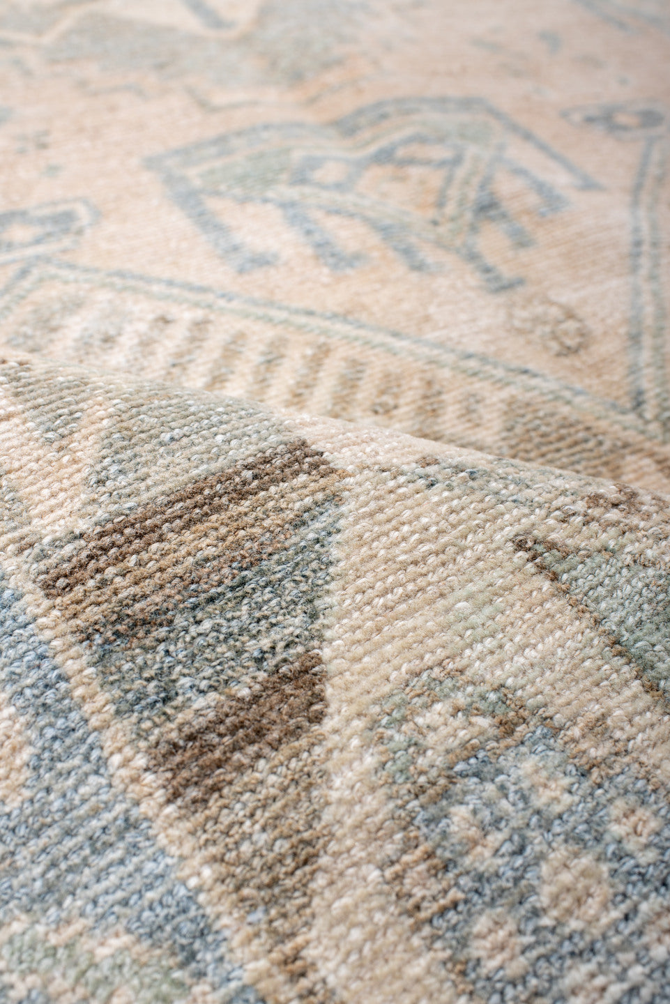 4' x 9' one-of-a-kind handmade antique Hamadan rug. Color palette: ivory, pale blue, blush, taupe, camel, sage, brown