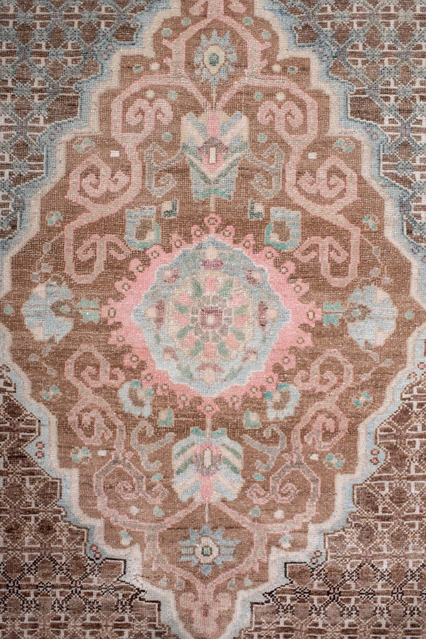 5' x 8' one-of-a-kind handmade antique Sarouk medium size rug. Color palette: taupe, brown, ivory, blush, pale blue, rose