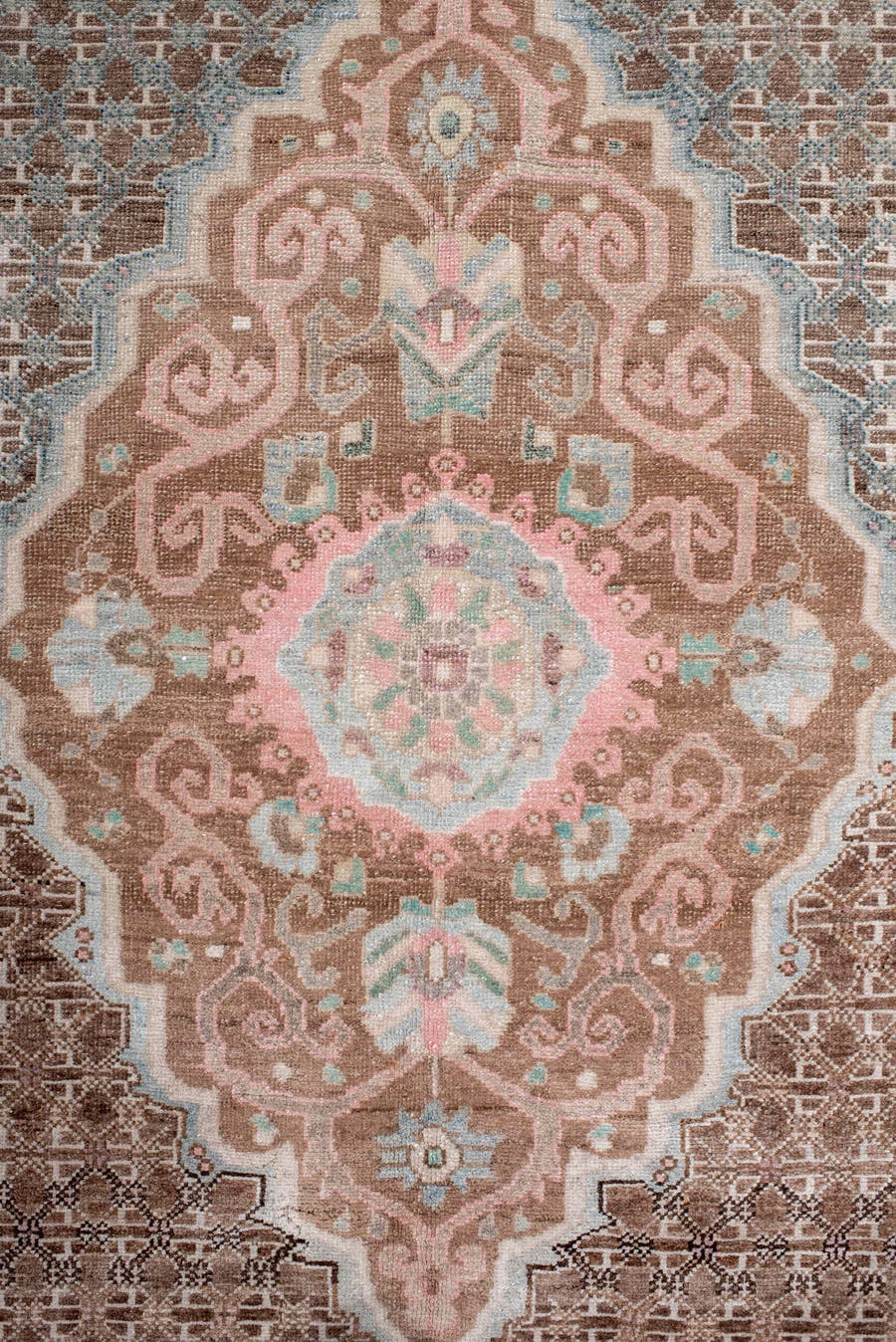 5' x 8' one-of-a-kind handmade antique Sarouk medium size rug. Color palette: taupe, brown, ivory, blush, pale blue, rose