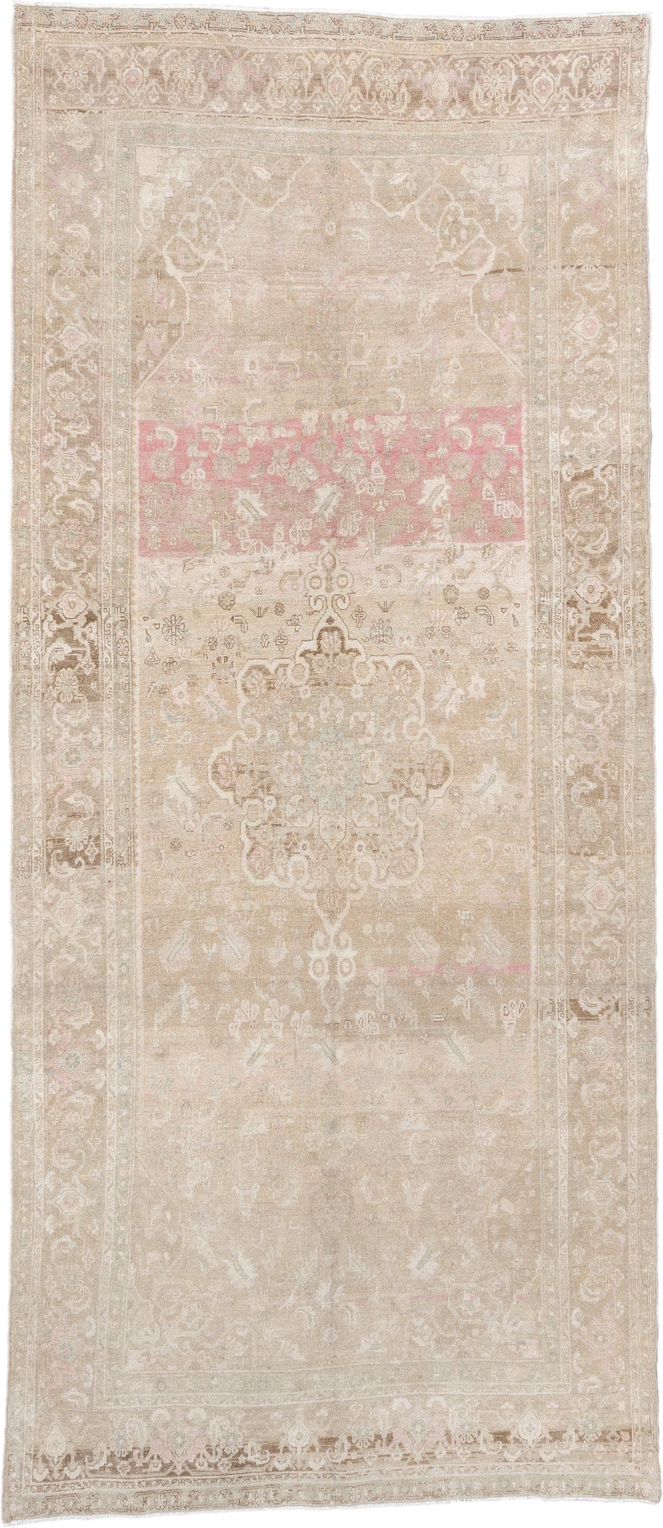 4' x 11' one-of-a-kind handmade vintage Bidjar runner rug. Color palette: ivory, taupe, blush, beige, pale sage, sand, camel